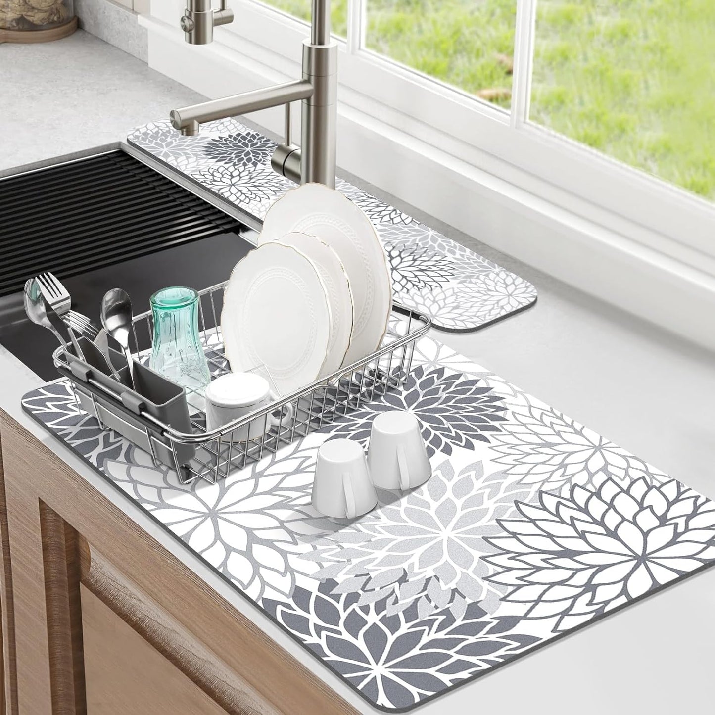 Findosom 2PCS 12" x 20" Dish Drying Mat & 24" x 5.5" Sink Splash Guard, Super Absorbent & Cuttable Dish Mat Drying Kitchen Mat with Gray Floral, Hide Stain Drying Mat for Kitchen Counter