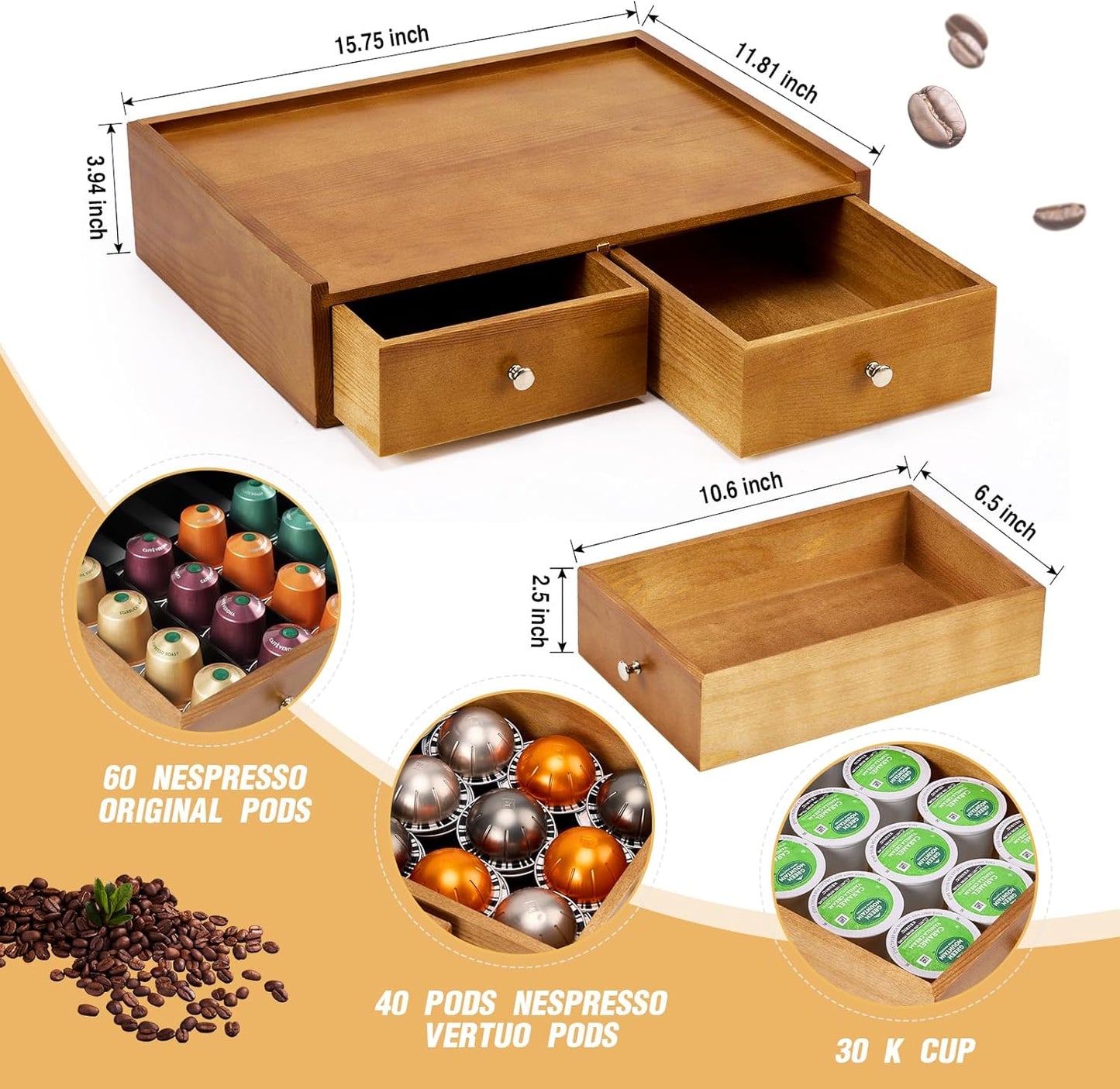 15.8"L X 11.8"W X 4"H Wooden K cup Holder, Coffee Pod Organizer Storage Box, Desktop Kitchen Storage with 2 Drawers, 30/40/60 Pod Capacity, Natural