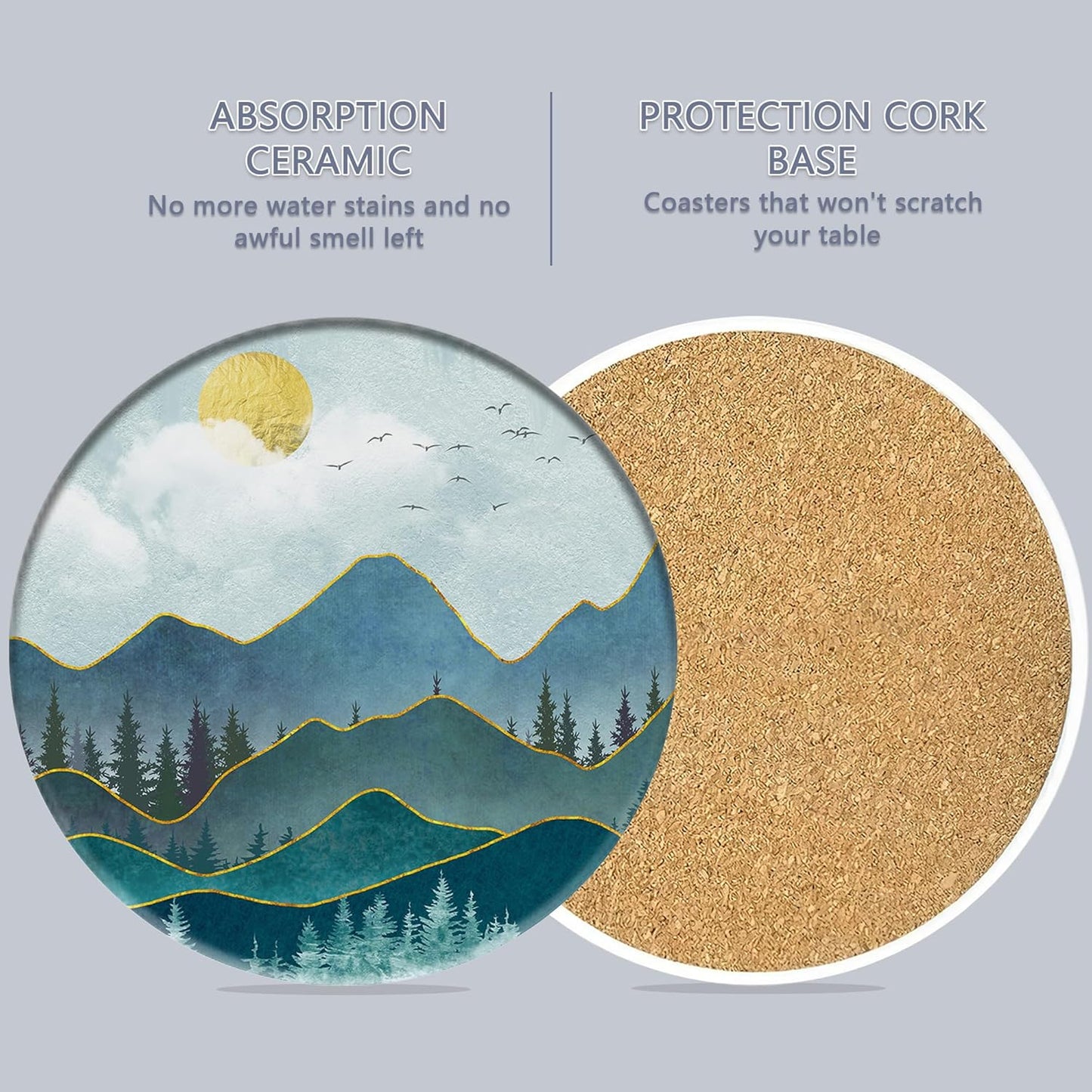 6 Pcs Coasters for Drinks with Holder, Abstract Mountain Sun Absorbent Ceramic Coasters with Cork Base,Cute Funny Table Drinks Coasters Tabletop Protection Mat,Table Home Decor,4 Inches