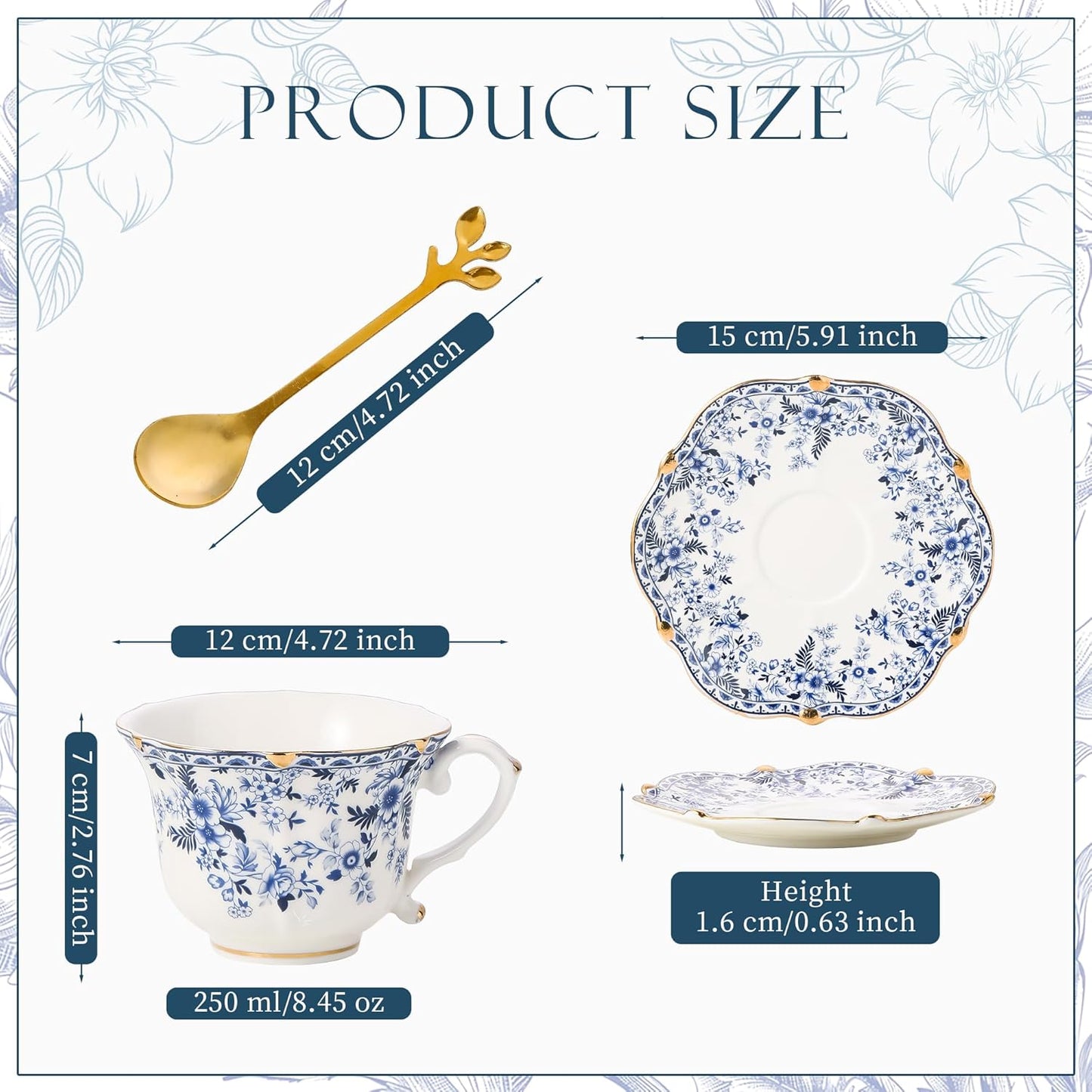 TATSUMI Country Roses Bone China Tea Cup and Saucer Set, 6 Pieces, Vintage Style, For Women and Tea Parties（QH, 2 SETS）