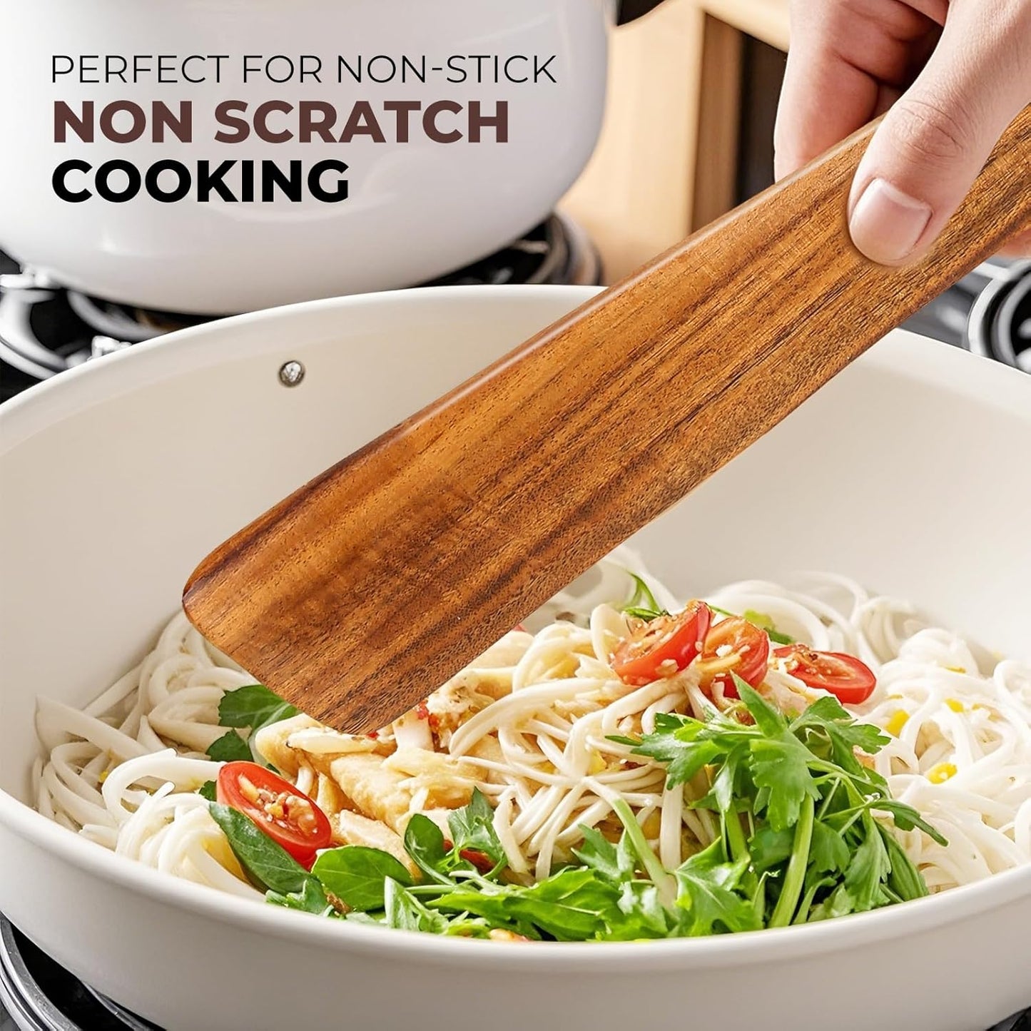 AIUHI Wooden Spatula for Cooking, Premium Teak Wood Cooking Utensils, NonStick Kitchen Utensils Set of 4 Contain Paddle, Turner Spatula, Slotted Spatula and Wood Scraper