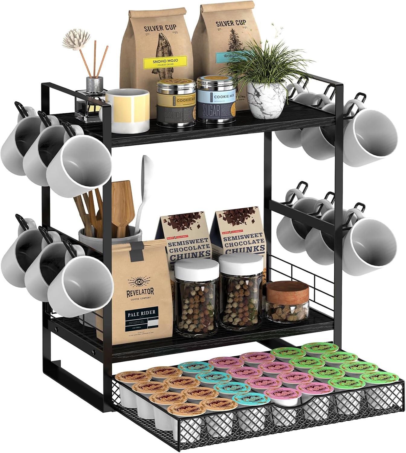 Coffee Bar Organizer, 3 Tier Station for Countertop, Mug Cup Holder Stand With 28 K Cup Storage and 12 Hooks for Kitchen, Home & Office, Black