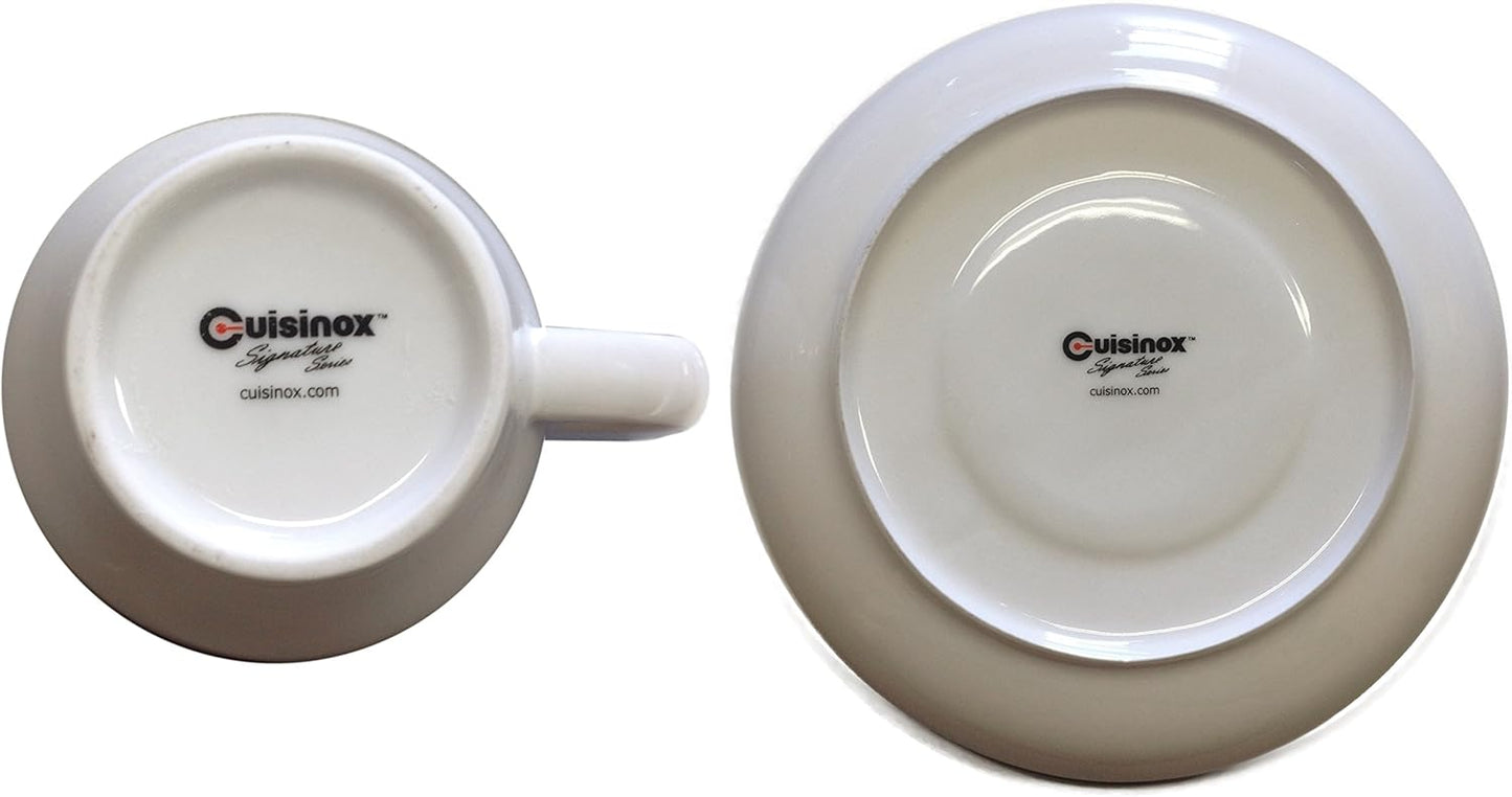 CUISINOX Italian Classic White Porcelain Espresso Cups and Saucers – Set of 6, 2 oz – Coffee Cups for Espresso Shots, Cappuccino, Latte – Perfect for Home and Coffee Bar Accessories