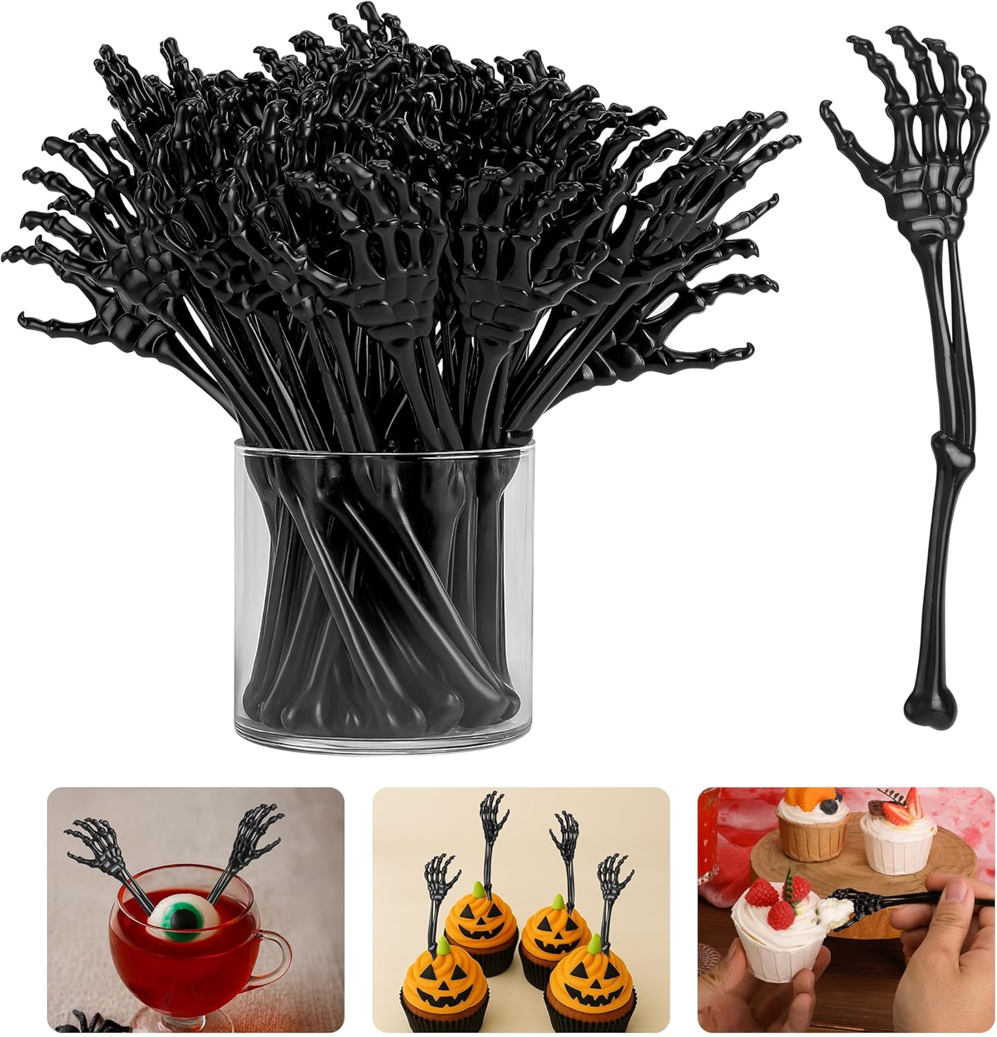 RunNico 60 Pcs 5.9''x1.5'' Halloween Skeleton Cocktail Stirrers, Reusable Skeleton Hand Swizzle Sticks, Halloween Plastic Drink Stirrer for Home Bar Horror Party Table Decorations