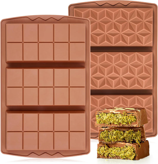 2 Pcs Chocolate Bar Mold Deep Dubai 0.85 Inch Stuffed Chocolate Molds Silicone Large Break Apart Silicone Molds (10 Snap + Pyramid）