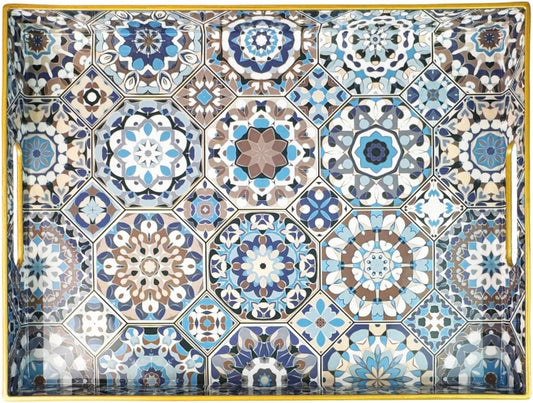 Boho Coffee Table Tray, Decorative Serving Tray with Handles, Large Tray for Ottoman,Coffee Table，Living Room Modern, Blue，