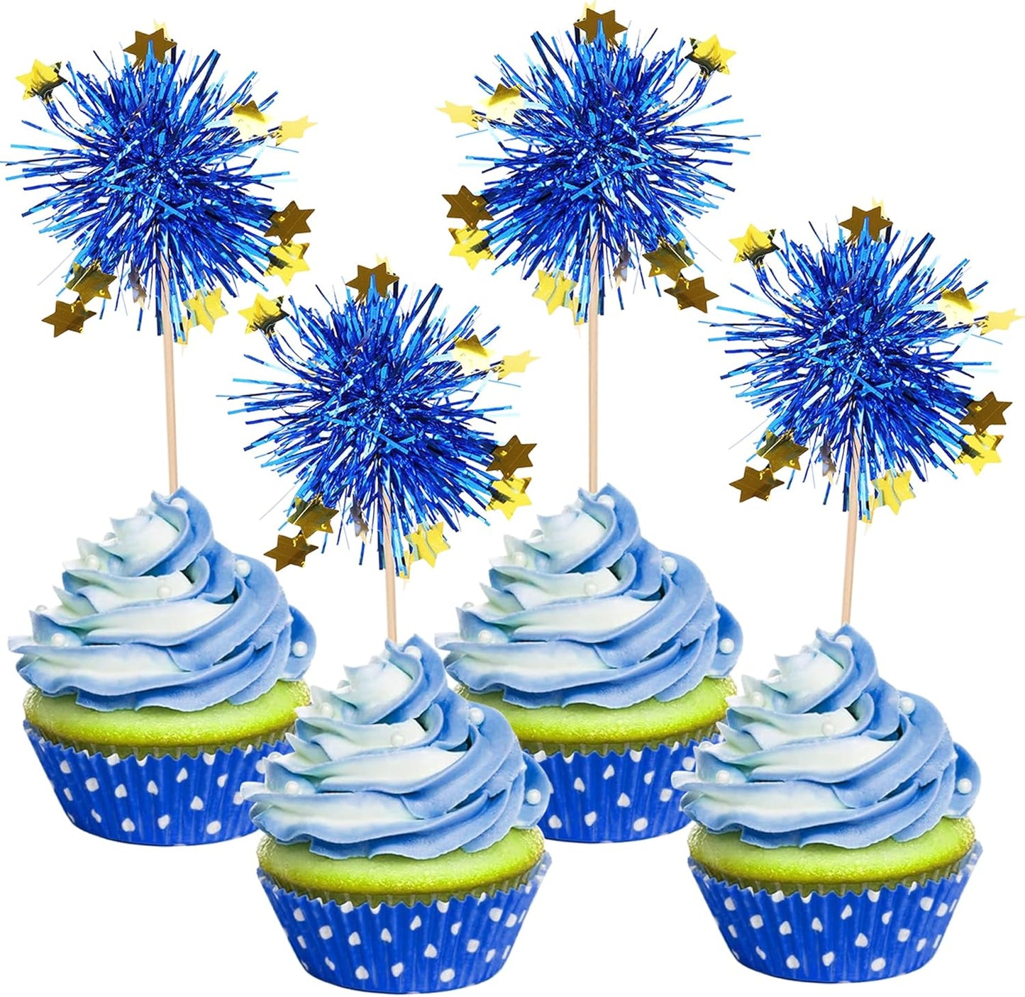 30 PCS Foil Firework Cupcake Toppers Happy Birthday Star Cupcake Picks Sparkle Tinsel Drink Stirrers Cocktail Fruit Toothpicks for Valentine's Day Wedding Birthday Party Decorations Supplies Blue