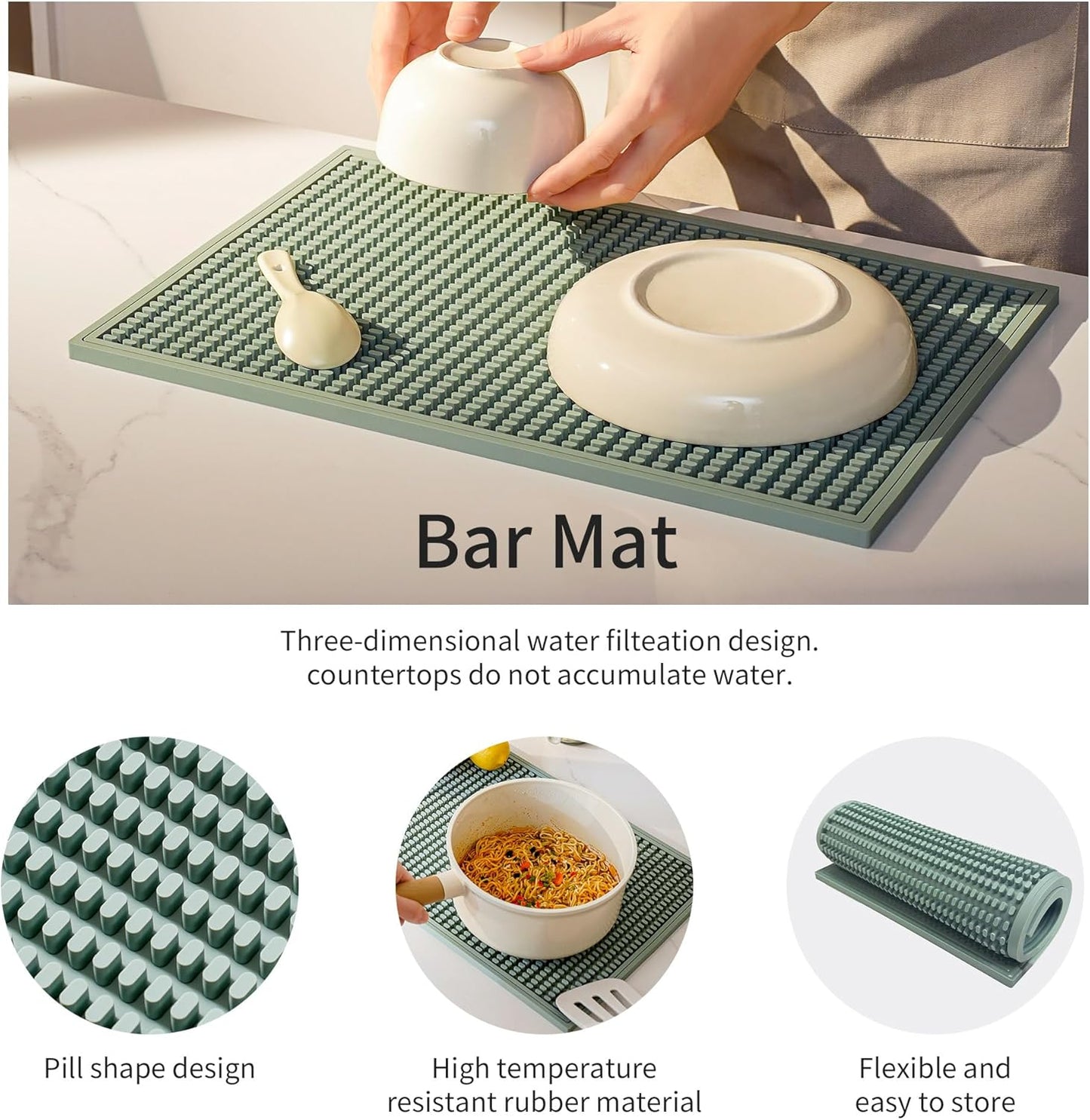 dish drying mat - 18" x 12" Green silicone drying mat , kitchen counter dish drying mats,rubber dish drying mat, Applies to bar mat、coffee mat