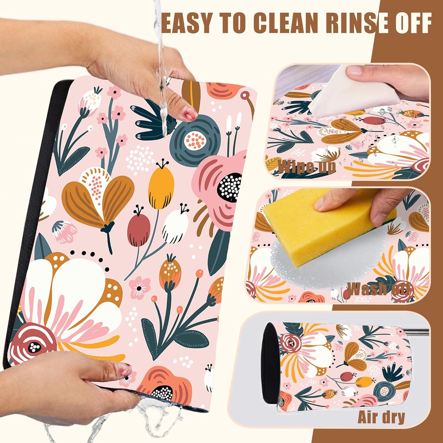 Dish Drying Mat Pink Flowers Berries Leaves Coffee Bar Mat for Countertop Absorbent Hide Stain Rubber Backed Dish Drainer Rack Pad Espresso Machine Dining Room Decor 15.7 x 23.6 Inch