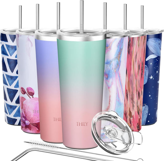 THILY Stainless Steel Vacuum Insulated Tumbler Travel Mug 26 oz Coffee Cup with 2 Lids and Straws, Splash Proof, Keep Ice Drinks Cold, Candy Pink