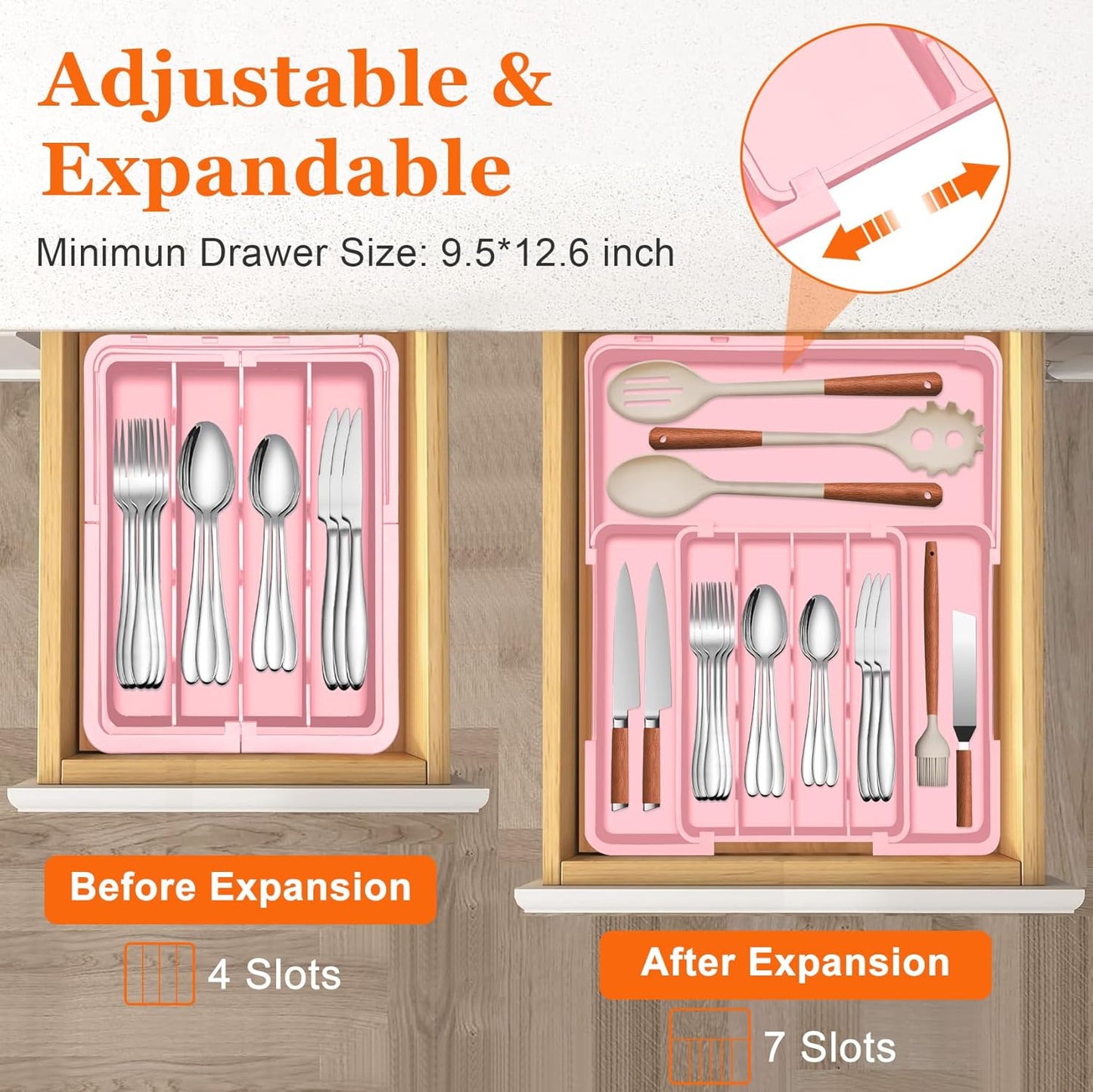Silverware Organizer Expandable Silverware Drawer Organizer Adjustable Drawer Organizer, Flatware Cutlery Tray for Spoons Forks Knives Kitchen Organizers Storage,Pink