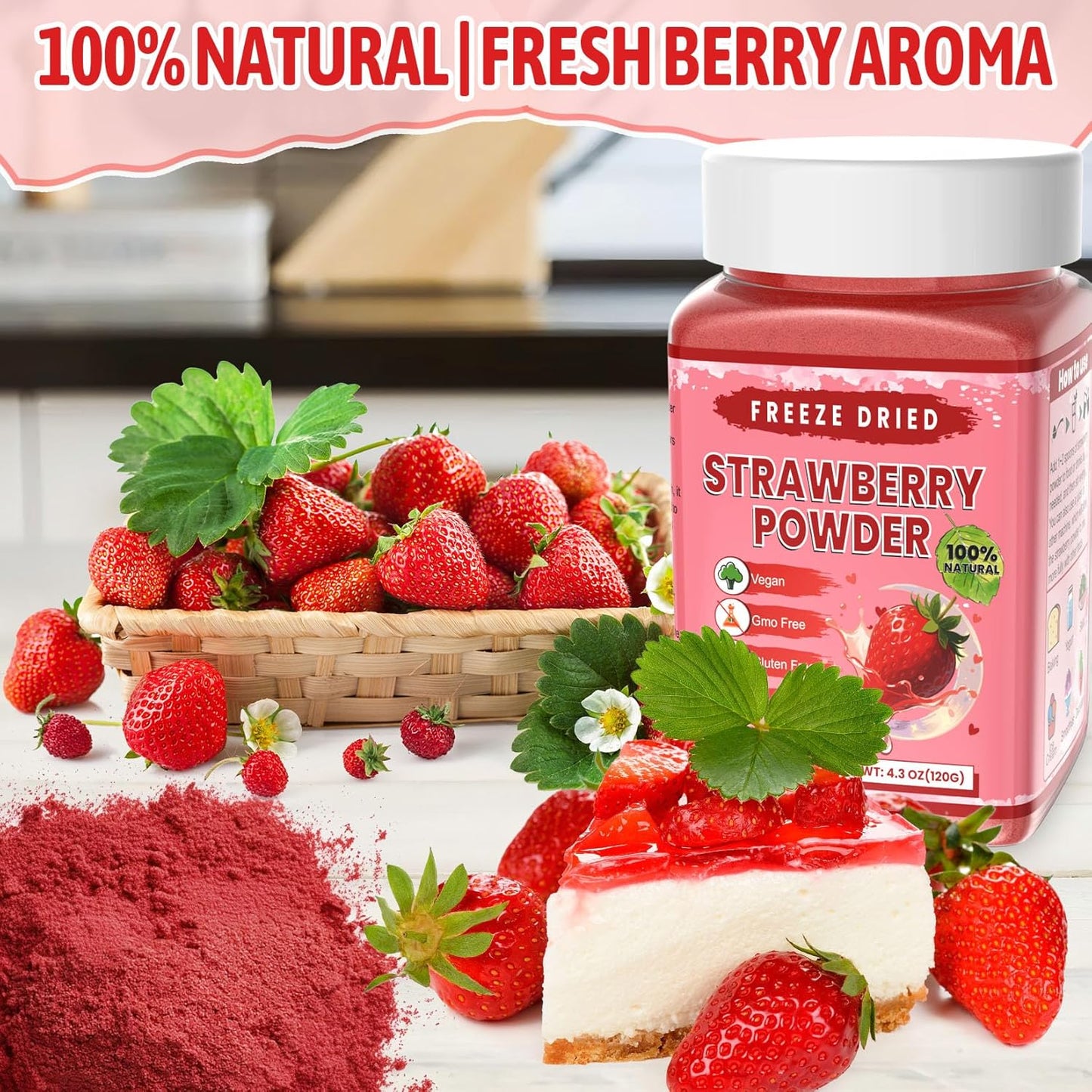 Freeze Dried Strawberry Powder - Kiigfood 4.3 oz/120g Natural Strawberry Powder Fruit Powder, Strawberries Source for Smoothie, Drinks, Baking, Cakes Decoration - Vegan, Non-GMO, Gluten-Free