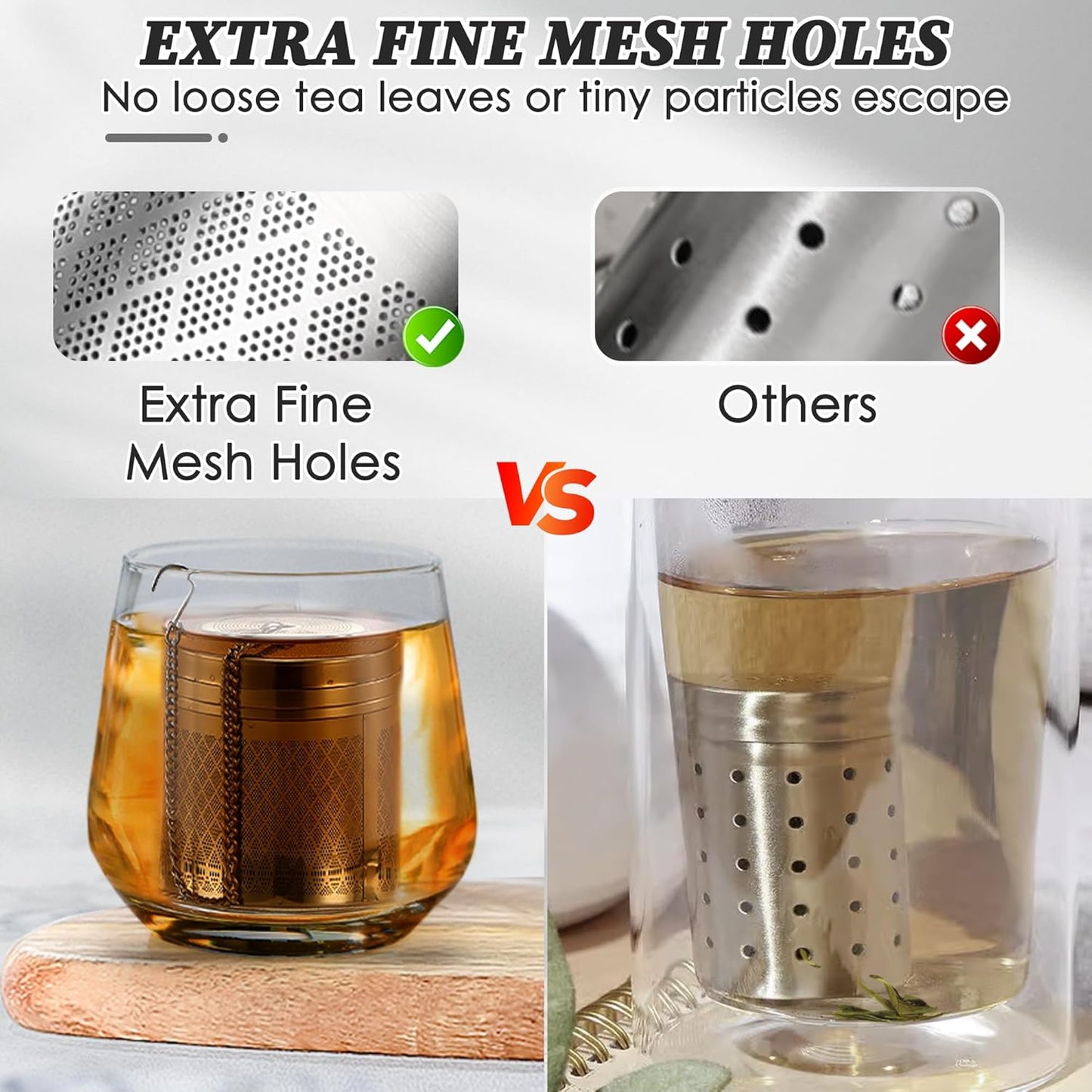 Tea Infusers for Loose Tea, 2 Pack Extra Fine Mesh Tea Strainers, 18/8 Stainless Steel Loose Leaf Tea Steeper Tea Diffusers with Extended Chain Hook and Drip Tray