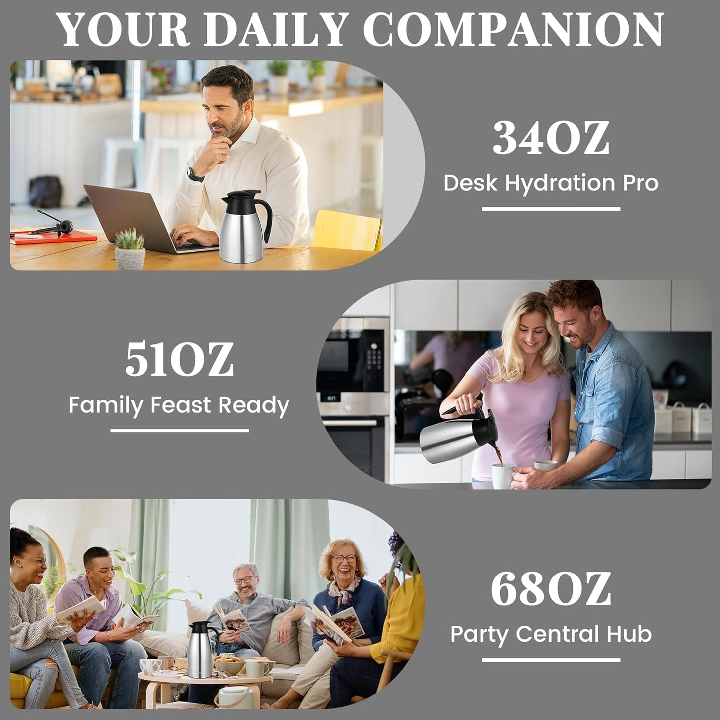 68 Oz Thermal Coffee Carafe, Stainless Steel Insulated Vacuum coffee crafts to keep coffee hot, 2 Liter Tea Water Coffee and Beverage Dispenser (Silver)