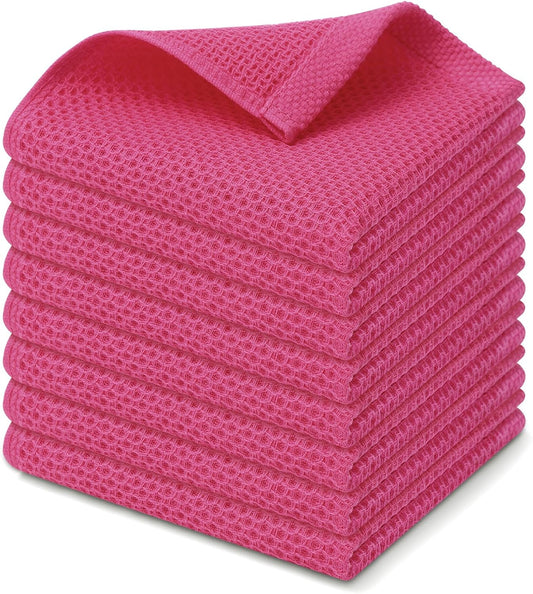 Kitinjoy 100% Cotton Kitchen Dish Cloths, 8 Pack Waffle Weave Ultra Soft Absorbent Dish Towels for Drying Dishes Quick Drying Kitchen Towels Dish Rags, 12 X 12 Inches, Hot Pink