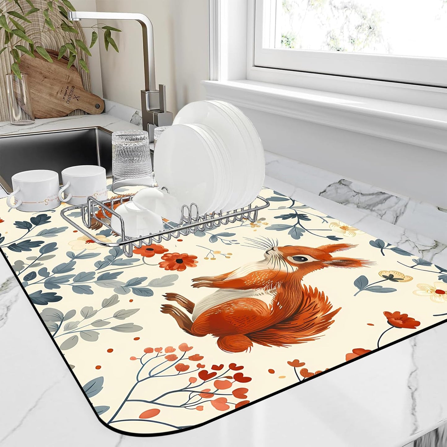 Dish Drying Mat Squirrel in the Flowers Kitchen Mat 12"x19" Bsorbent Coffee Maker Mat for Dishes,Utensils Coffee Maker Pots and Pans Easy Clean Dish Slip Resistant Pad