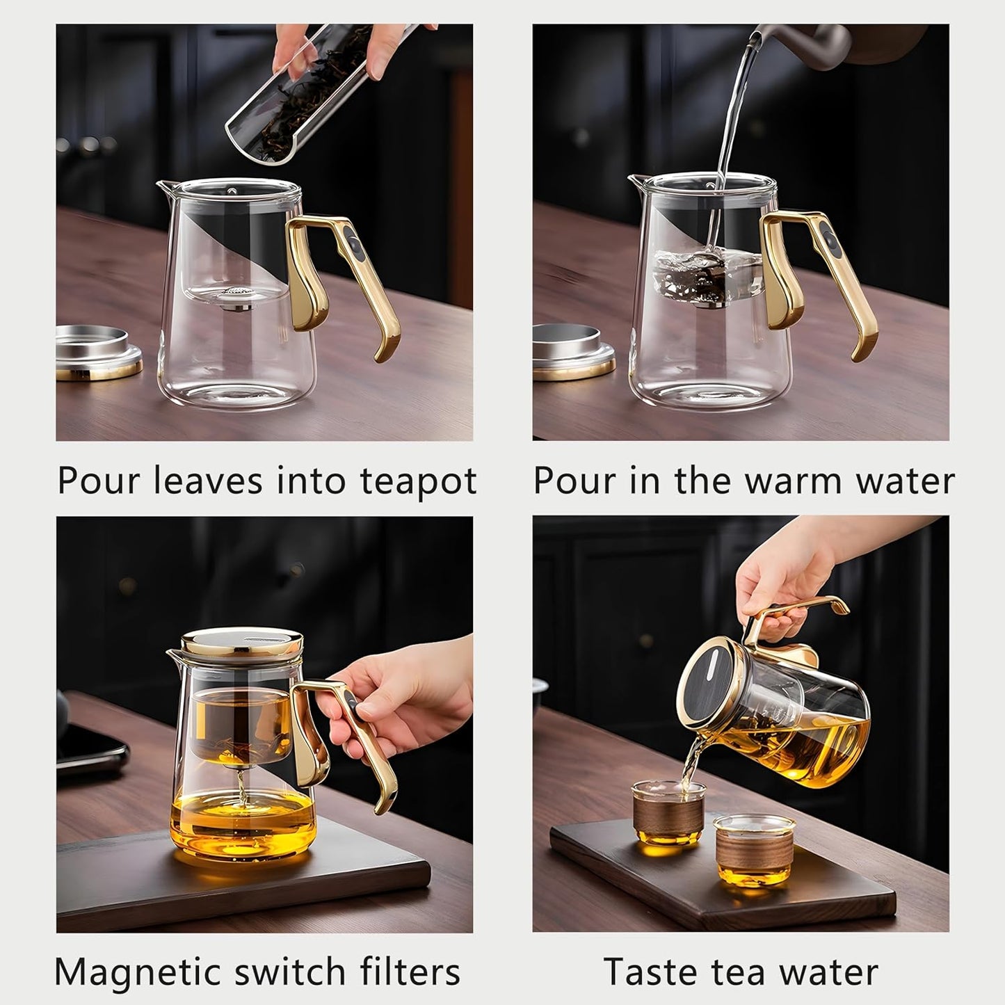 YJX Magnetic Glass Teapot, 25.4oz Small Enchanted Brewing Tea Pot, Witchcraft Magic Borosilicate Tea Set with Strainer for Loose Leaf or Herbal, Exquisite Kettle Gift for Tea Lovers(Golden)