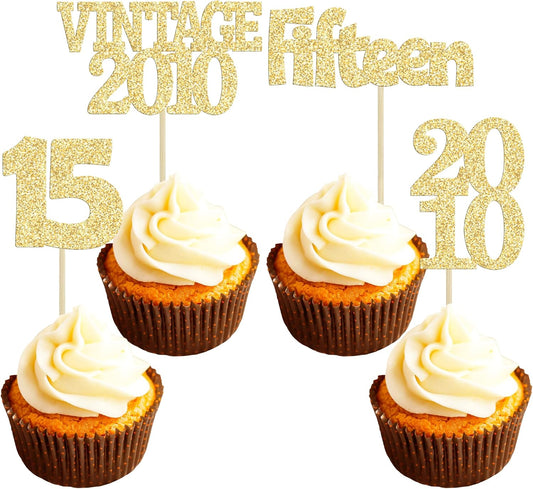 Gyufise 24Pcs Sweet 15 Cupcake Toppers Glitter Fifteen Vintage 2010 15th Birthday Cupcake Picks Hello 15 Years Birthday Cake Decorations for Happy 15th Anniversary Party Supplies Gold