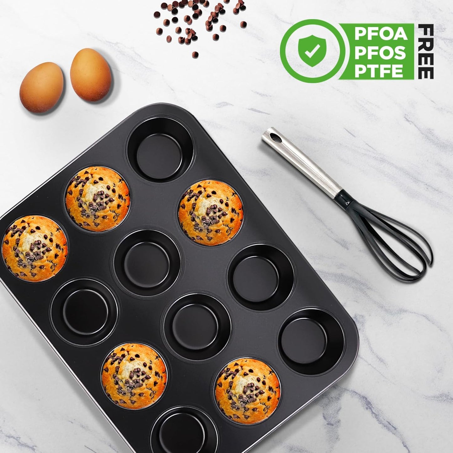 NutriChef 12-cup Black Oven Muffin Pan, Non-Stick Coated Layer Surface, Even Heating Muffin Tray for Muffins, Cupcakes, Pastries & Mini Pies, Used for Model Number NCBK6BK