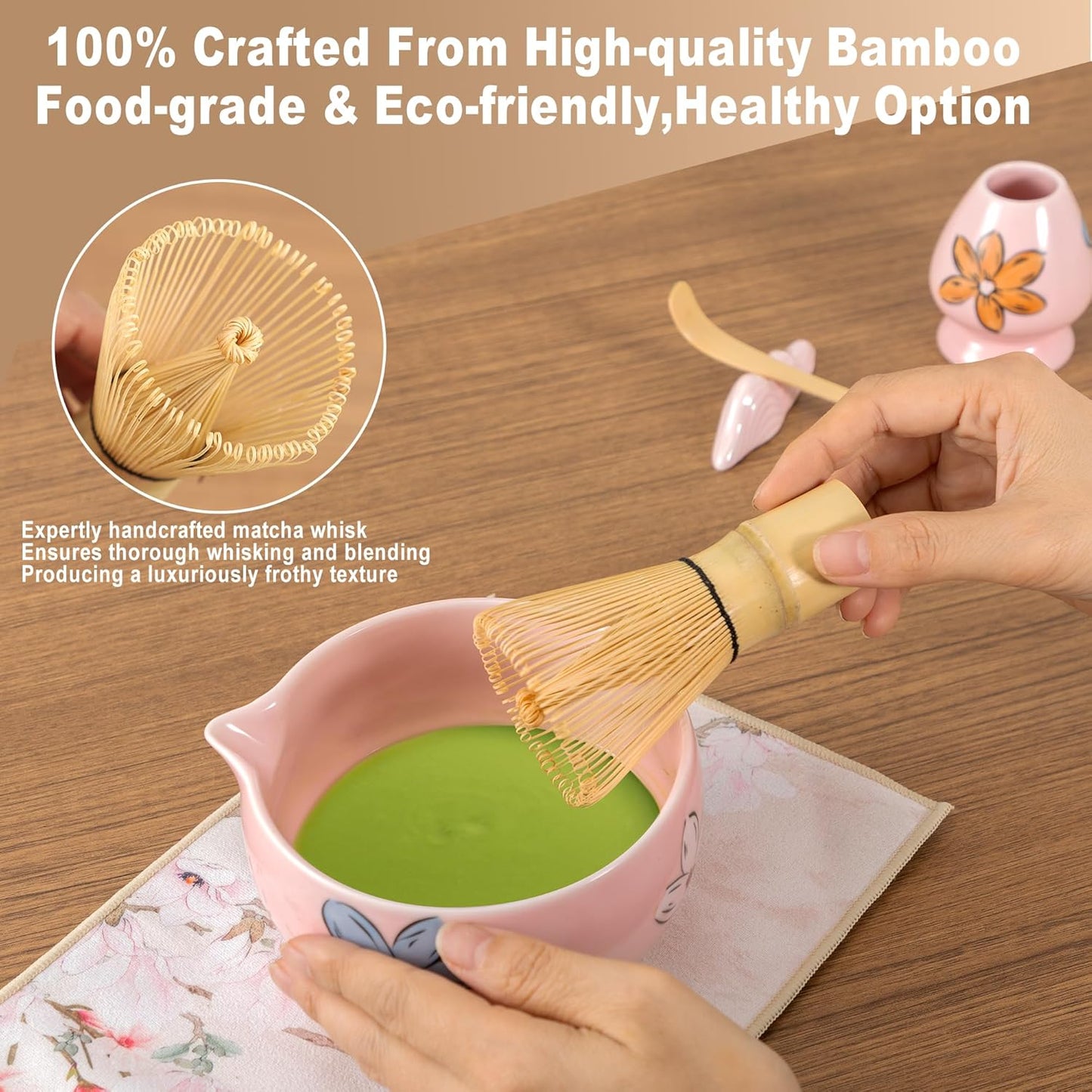 Matcha Whisk Set Pink,8pcs Matcha Set Whisk And Bowl,Matcha Kit With Bamboo Whisks,Ceramic Matcha Bowl,Sifter,Scoop,Holder,Towel,Stand,Spoon,Unique Gift for Japanese Tea Lover
