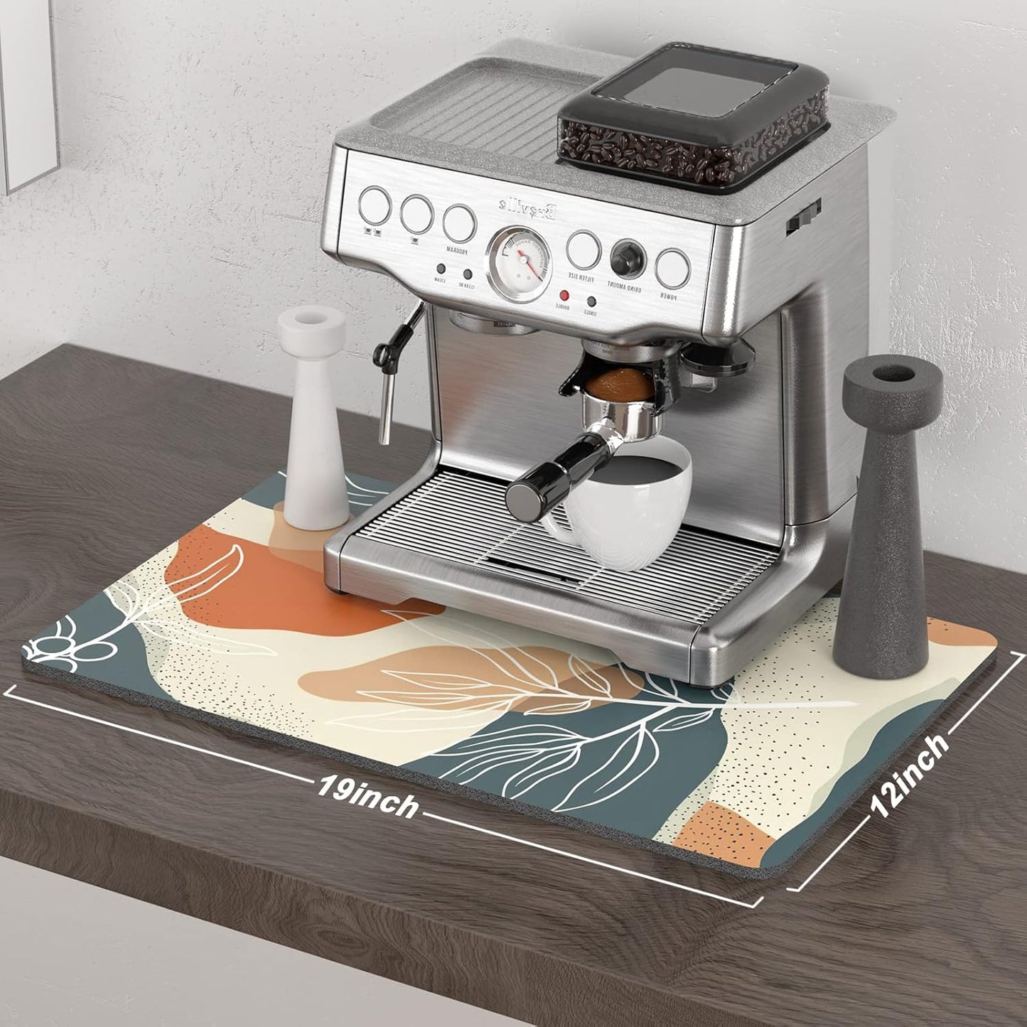 Rnivvi Coffee Mat, 12" x 19" Cute Boho Theme Coffee Bar Mats for Espresso Machine Station Accessories and Organizer, Hide Stain Rubber Backed Absorbent Dish Drying Pad for Kitchen Counter, Leaves