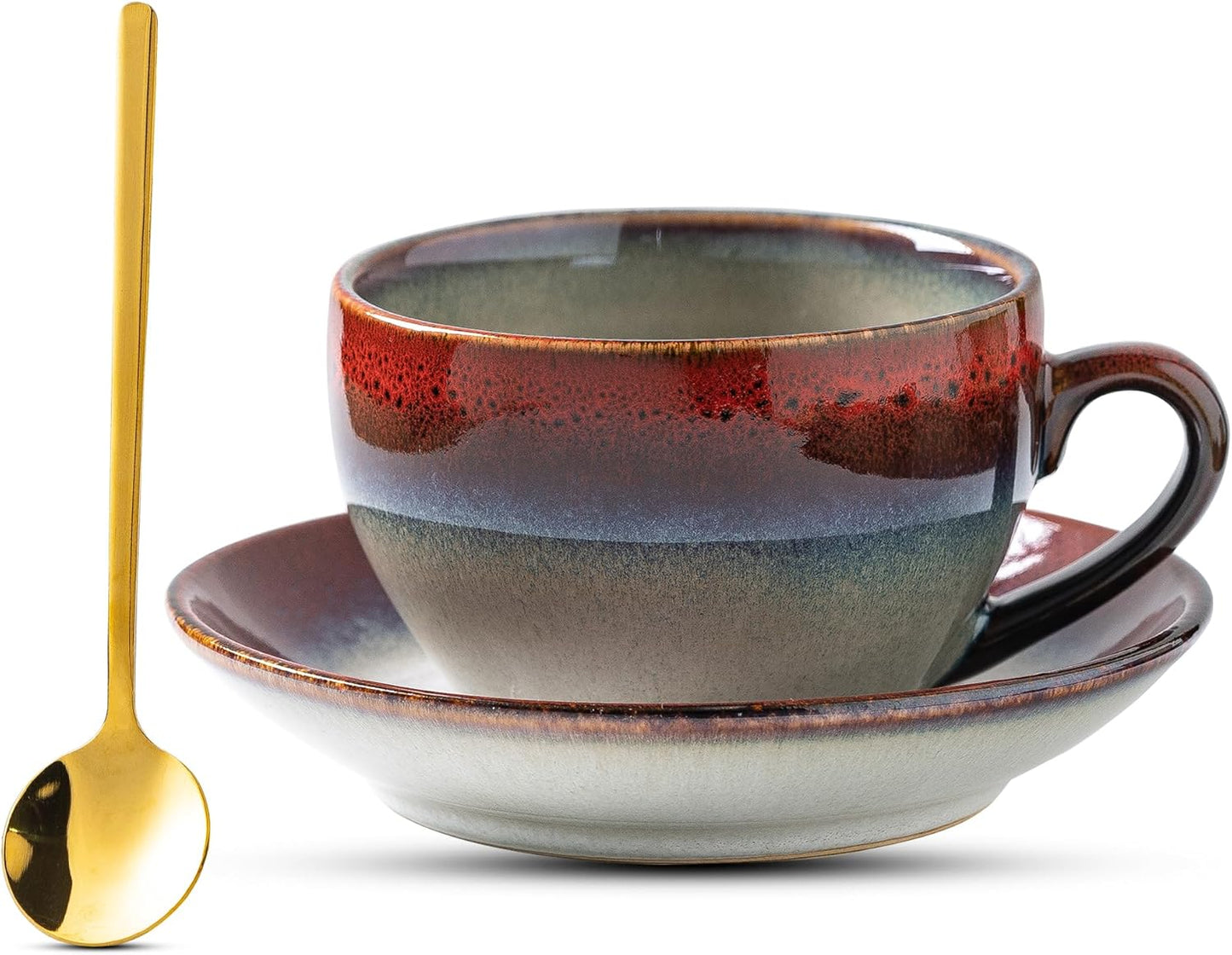 Porcelain Coffee Cup with Saucer Spoon Set, Vintage Design Ceramic Latte Art Cappuccino Barista Espresso Tea Cup with Saucer (11.6 oz, 350ml, Ink red)