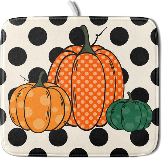 Autumn Pumpkin Dish Drying Mat for Kitchen Counter,Black Round Dot Decoration Drying Mat 16 x 18 Inch with Absorbent Reversible Microfiber Dish Drying Pad Dish Rack Drainer Mat for Coffee Bar