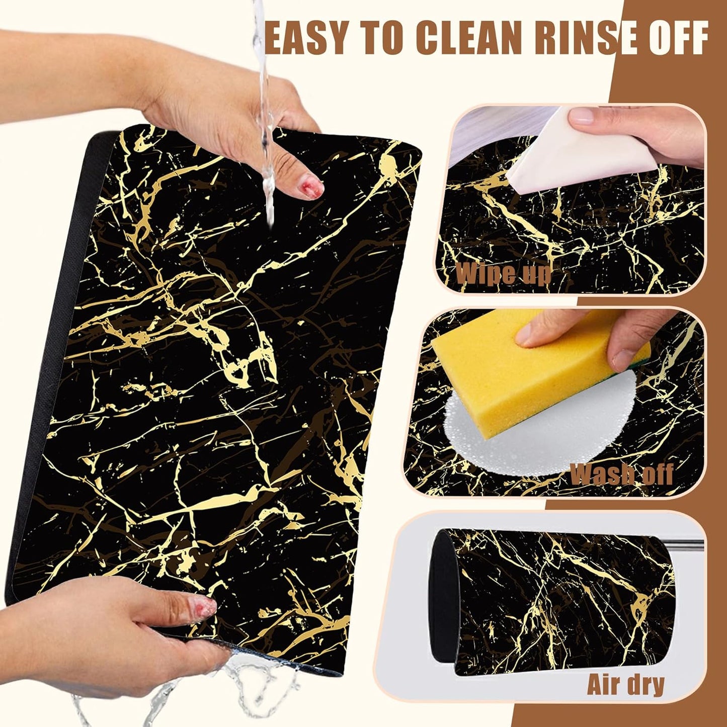 Dish Drying Mat Black and Gold Marble Coffee Bar Mat for Countertop - Absorbent, Rubber Backed, Hide Stain Dish Drainer Rack - Coffee Maker Pot Dining Room Decoration 15.7 x 23.6 Inch