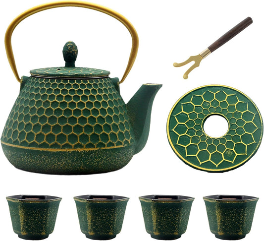 Cast Iron Tea Kettle Set, 33.8oz Hexagon Pattern Teapot Set with Cups, Teapot Coated with Enameled Interior, Durable Cast Iron Teapot Set with Stainless Steel Infuser