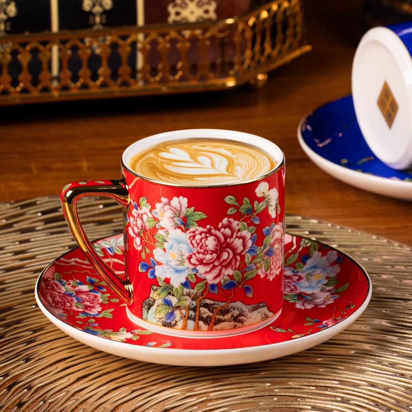 KAMMAK Tea Cups and Saucers Set of 2, Porcelain Coffee Cups with Saucer for Espresso, Cappuccino, 7.5oz Vintage Red and Blue Ceramic Demitasse Mug for Home, Tea Party, Office