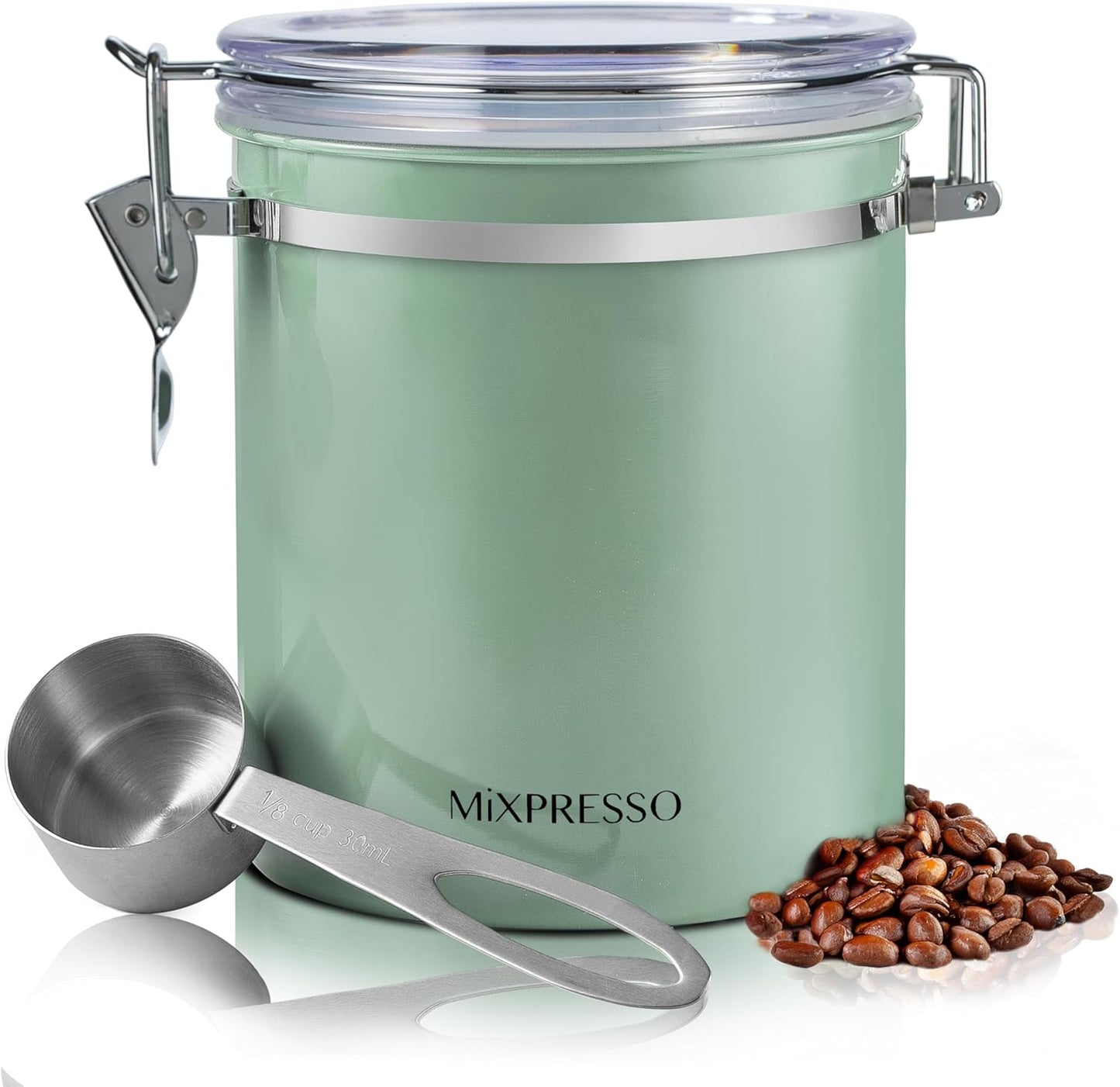 Mixpresso Green Coffee Canister, 16oz Airtight Stainless Steel Kitchen Food Storage Container with Clear Lid and Spoon. for Grounds Coffee, Beans, Tea, Flour, Cereal, Vacuum Sealed Sugar Container