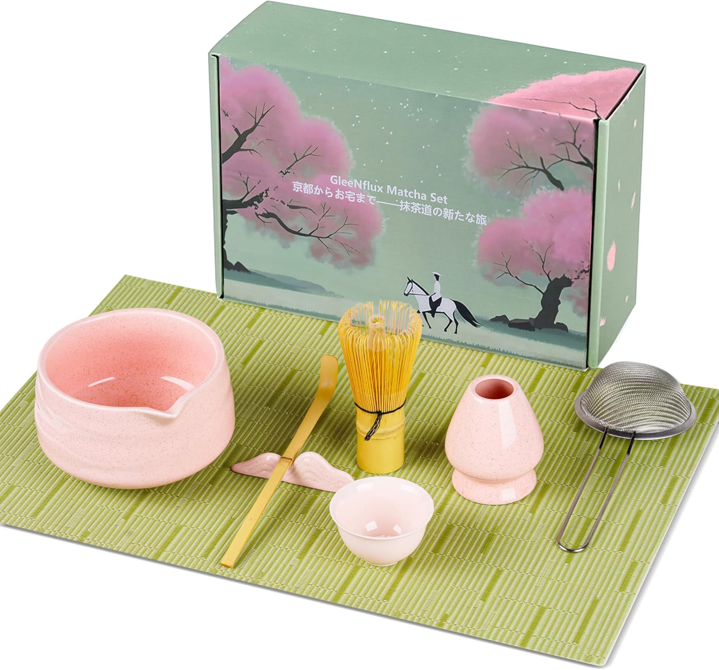 Pink Matcha Set, 8 Pcs Matcha Whisk Set with Porcelain Sakura Tea Cup, Matcha Bowl, Whisk and Holder, Bamboo Scoop, Scoop Rest, Sifter, Tea Mat - Gift for Matcha Lover
