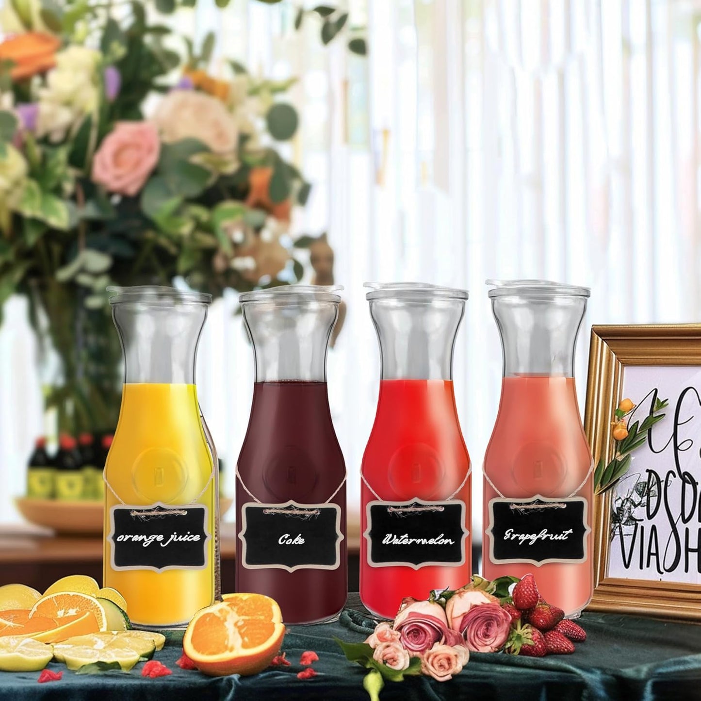 Glass Carafe with Acrylic Lid,35 Oz Beverage Dispensers Carafe,Mimosa Bar Supplies,Clear Glass Pitcher with Name Labels for Iced Tea,Coffee,Juice(Set of 4)