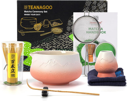 TEANAGOO 7 Pcs Matcha Whisk Set,Pink Matcha Set, Matcha Kit for Ceremony, Matcha Tea Set for Making Breakfast/Latte, Matcha Whisk and Pink Bowl with Scoop&Sifter, Gift for Matcha Lover