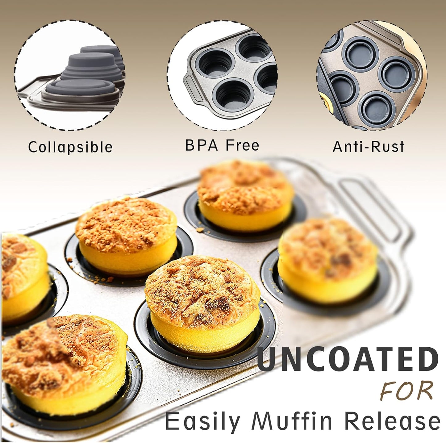 Silicone Muffin Pan Set, 6 Cups Cupcake Pan, With Metal Frame Nonstick Press to Easily Pop Out for Baking Homemade Muffins,Breads, Cupcakes, Egg Bites, BPA-Free Silicone (Grey, 6Cups)