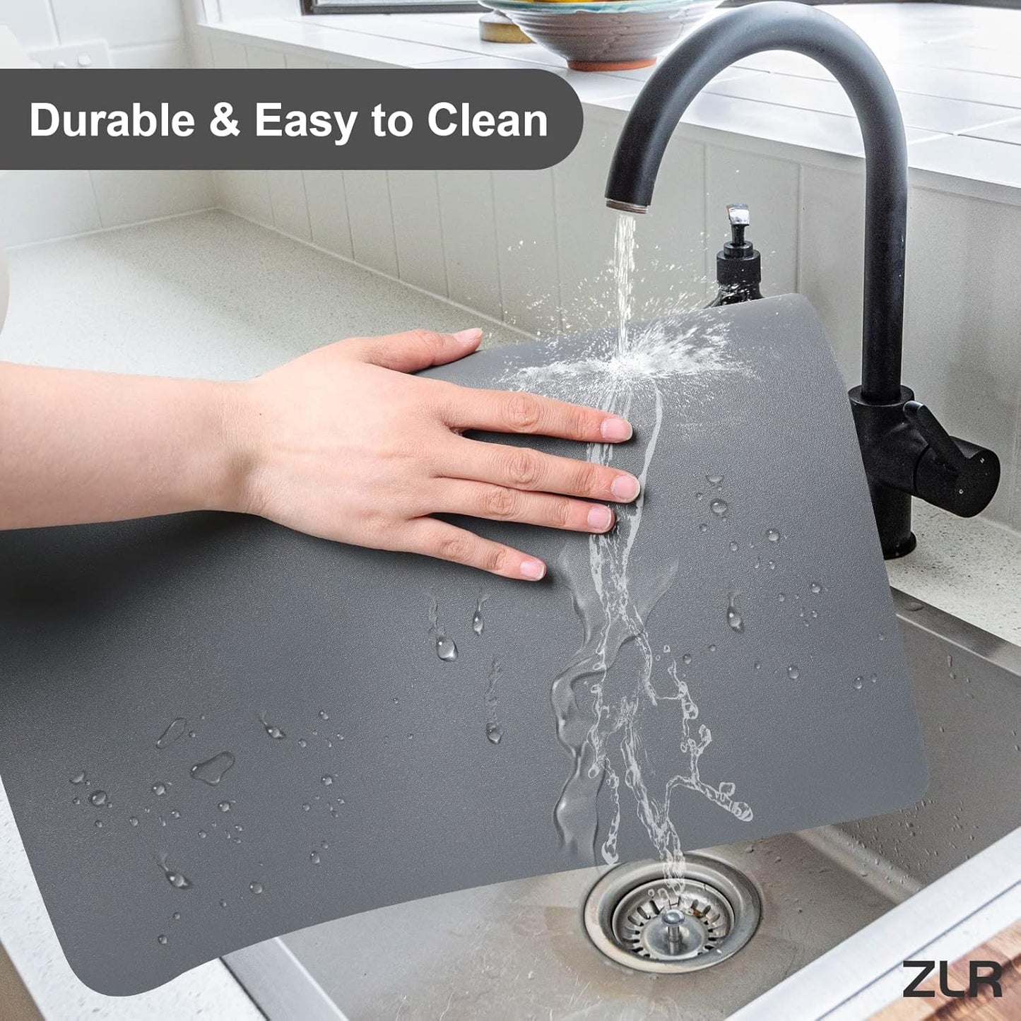 ZLR Coffee Mat - 16" x 20" Large Kitchen Hide Stain Absorbent Dish Drying Mat for Countertop - Easy to Clean Coffee Bar Mat for Espresso Machine and Spill Protection - Dark Gray