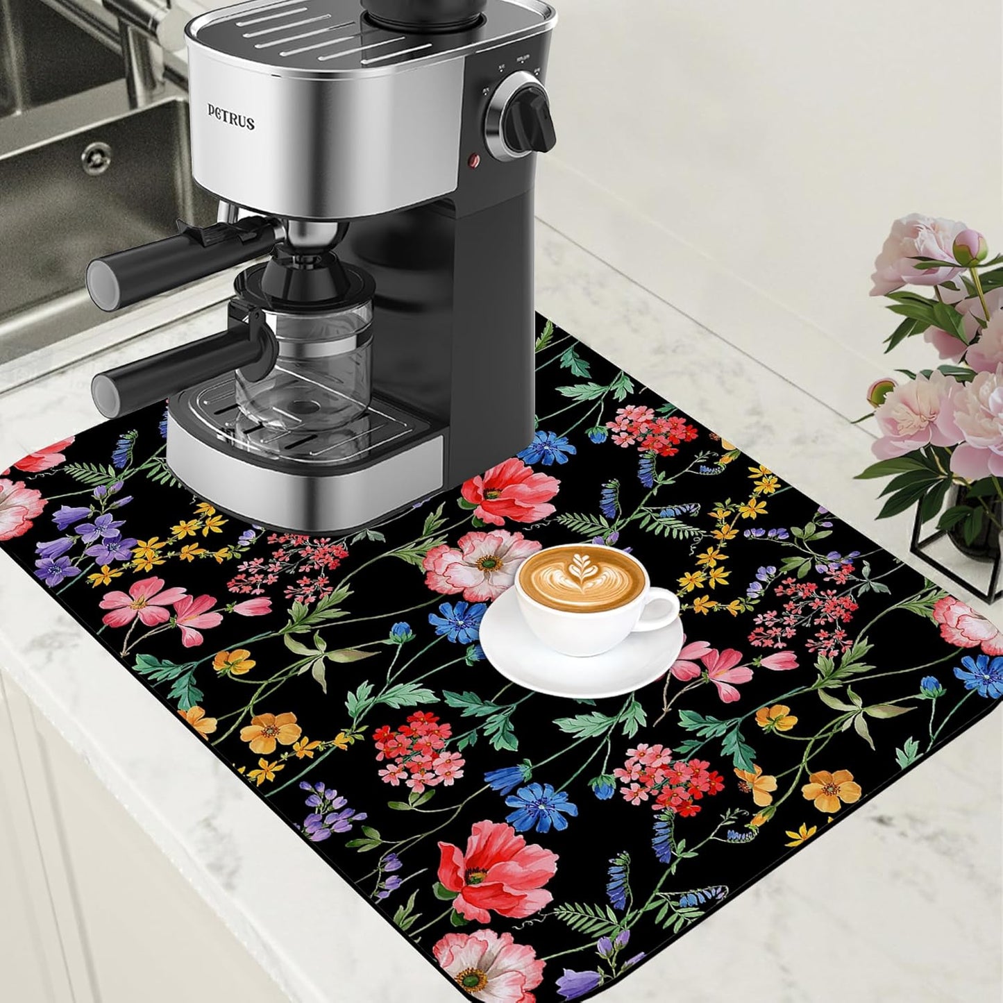 Beautiful Flowers Dish Drying Mat for Kitchen Counter Coffee Mat Hide Stain Absorbent Rubber Backed Drying Rack Pad Espresso Machine Coffee Bar Accessories 15.7 x 23.6 Inch