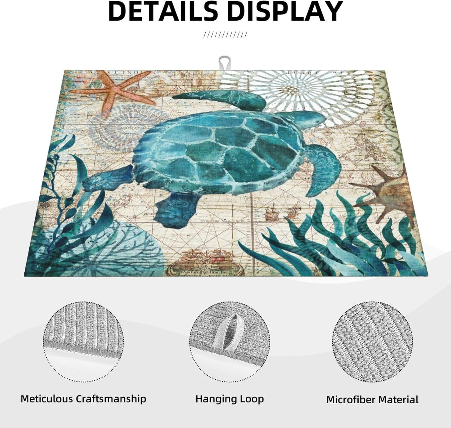 Ocean Sea Turtle Dish Drying Mat for Kitchen Counter 18x24 in, Retro Map Microfiber Drying Mats Absorbent Reversible Dish Pad Large Dish Draining Mat Fast Dry Kitchen Accessories