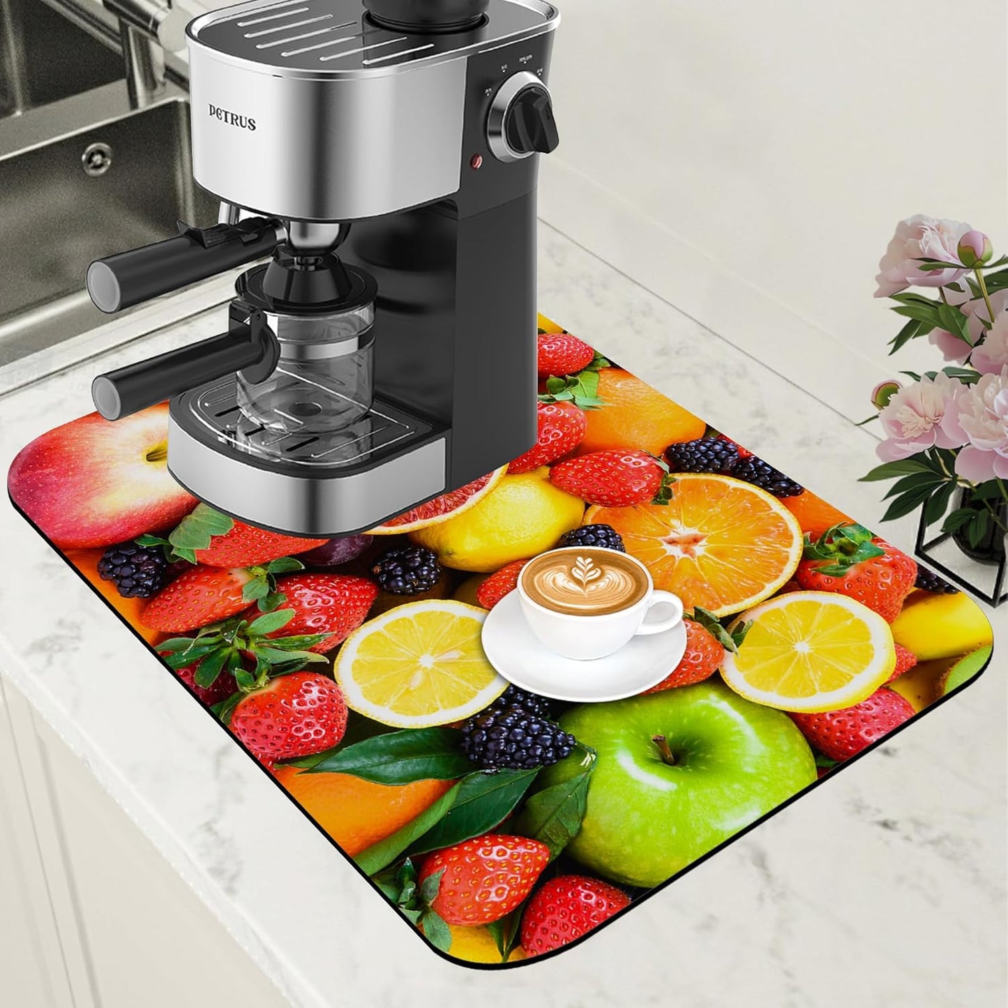 Fresh Fruits Dish Drying Mat for Kitchen Counter Coffee Bar Mat Hide Stain Absorbent Non-Slip Rubber Backed Drying Rack Pad Espresso Machine Coffee Bar Accessories 11.8 x 19.7 Inch