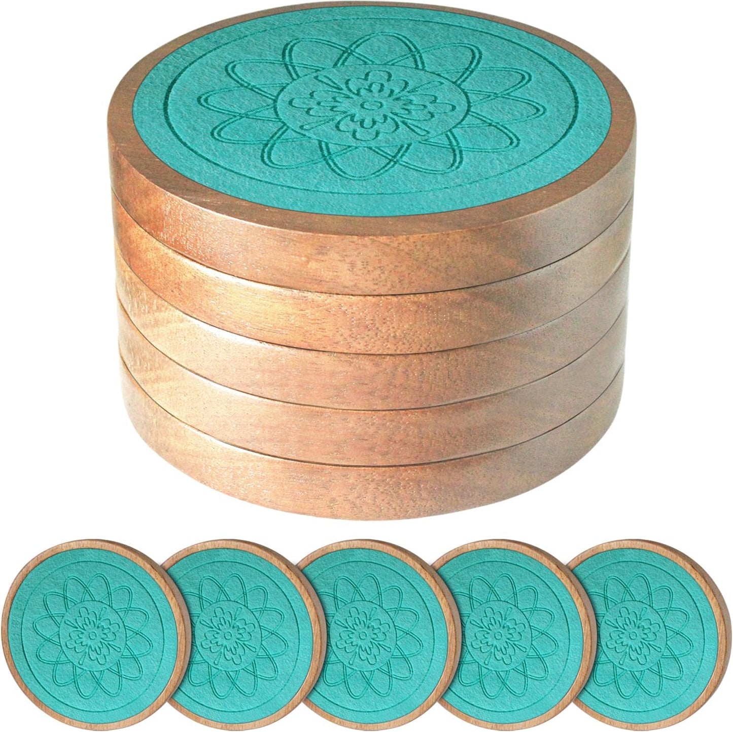 Wood Coasters for Drinks, Minacun Absorbent Coaster Sets of 5, Drinks Coasters for Coffee Tabletop Protection, Non-Slip, Non-Stick, Suitable for Kinds of Cups Wooden Table Drink, 4.3 Inches Lake Blue