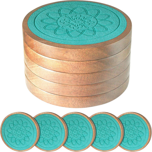 Wood Coasters for Drinks, Minacun Absorbent Coaster Sets of 5, Drinks Coasters for Coffee Tabletop Protection, Non-Slip, Non-Stick, Suitable for Kinds of Cups Wooden Table Drink, 4.3 Inches Lake Blue