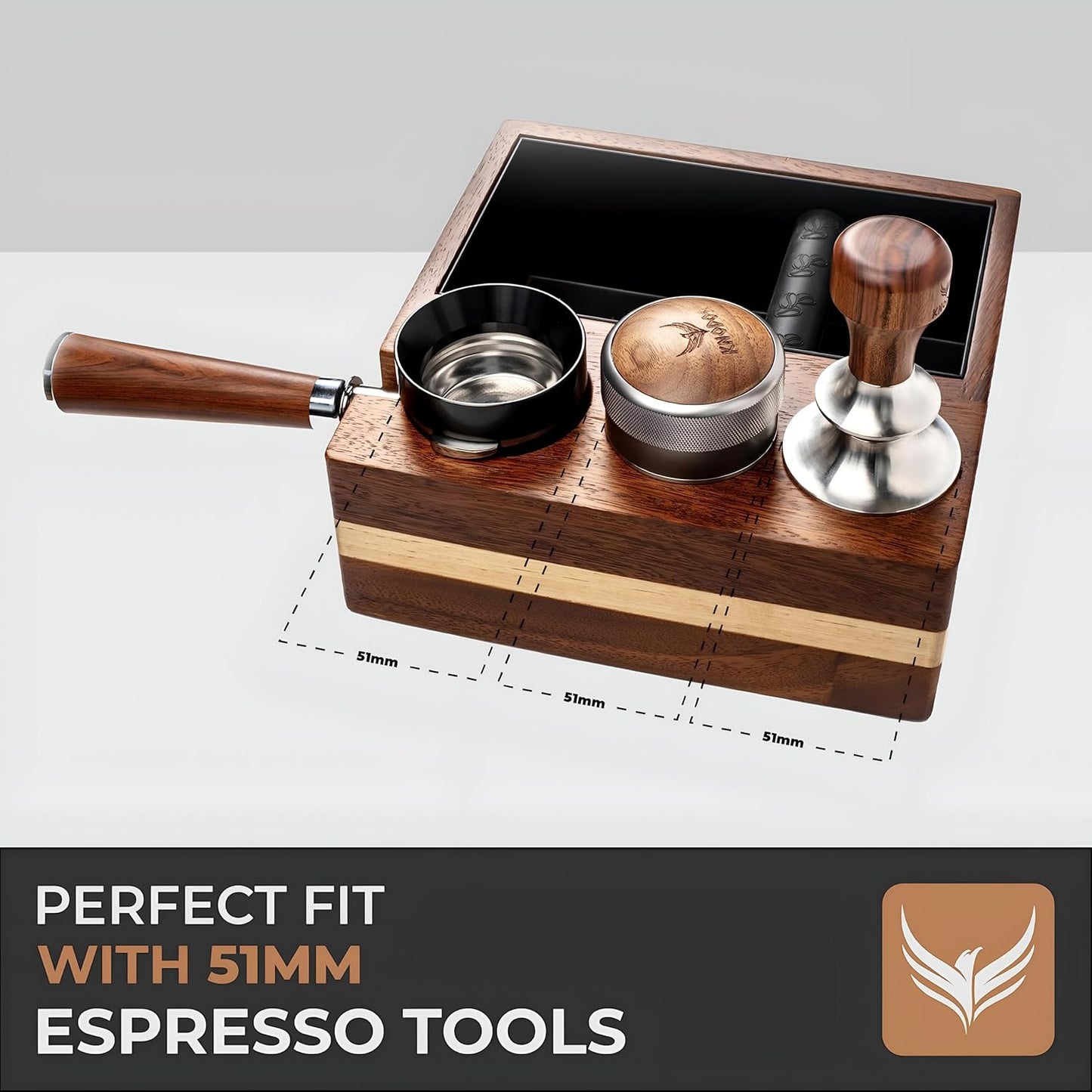 51mm Espresso Knock Box and Tamping Station – Walnut Espresso Tool Organizer with Detachable Knock Box, Tamper Holder, and Portafilter Stand – Perfect for 51mm Espresso Accessories