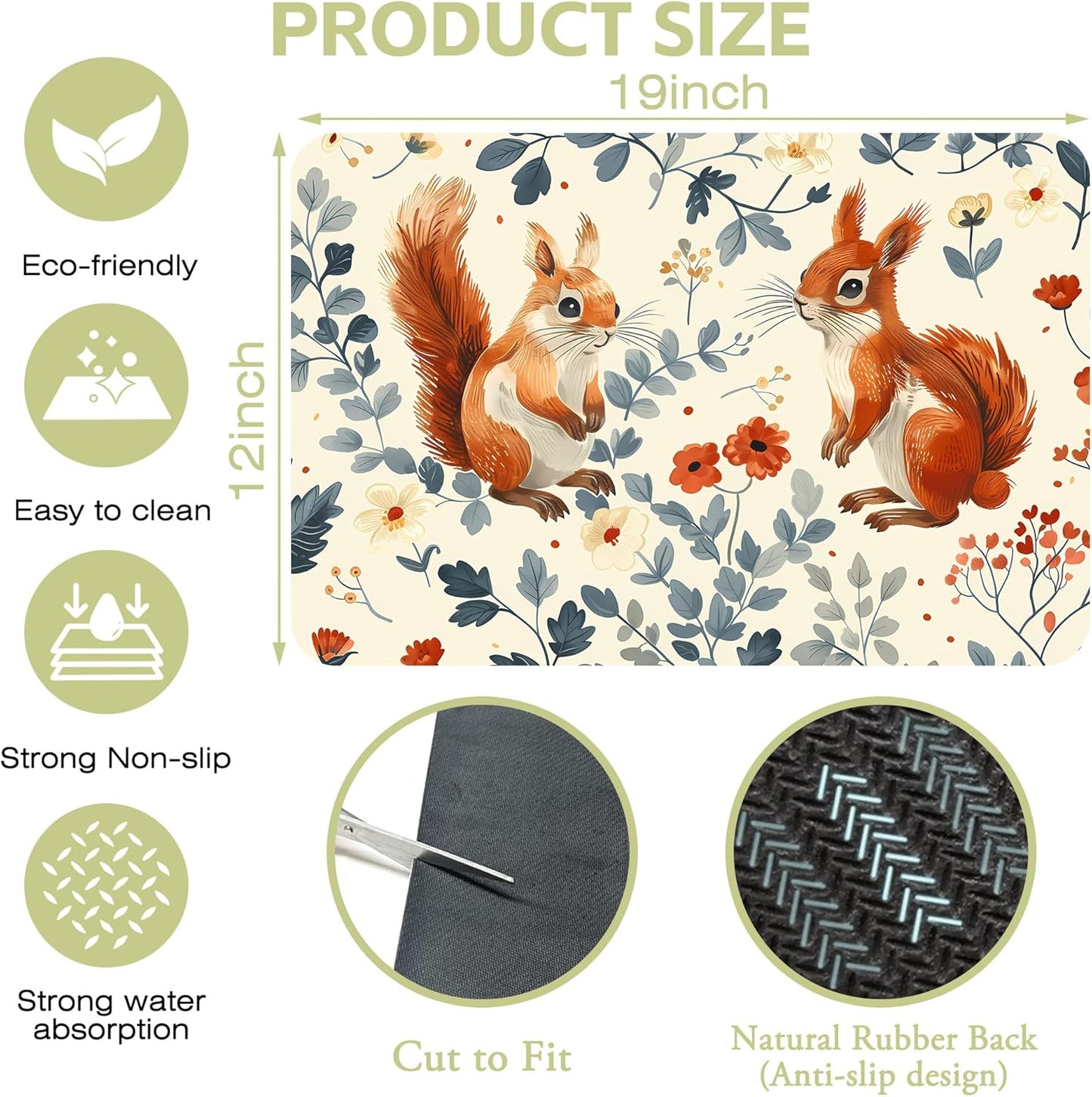 Dish Drying Mat Squirrel in the Flowers Kitchen Mat 12"x19" Bsorbent Coffee Maker Mat for Dishes,Utensils Coffee Maker Pots and Pans Easy Clean Dish Slip Resistant Pad