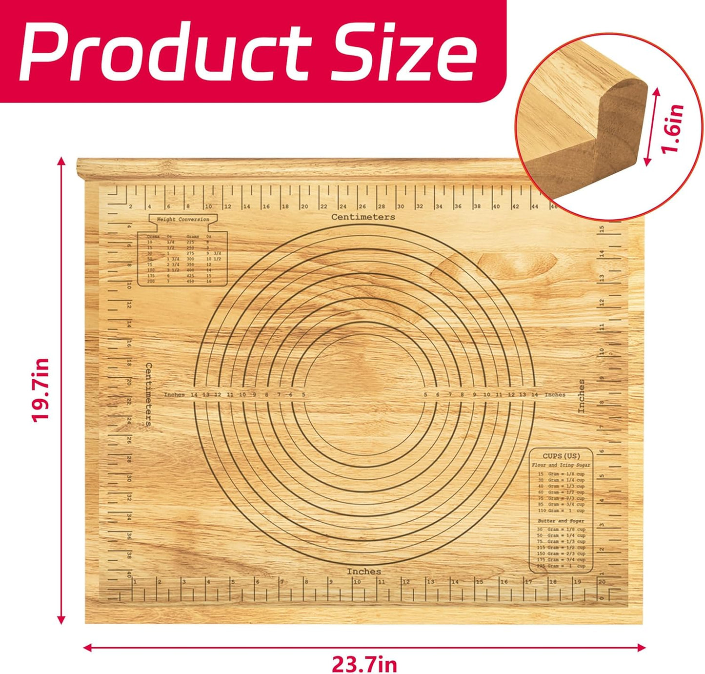 Montex Pastry Board with Measurement 24'' x 20", Wooden Kneading Board, Pastry Board for Rolling Dough, Pastry Baking Board with Counter Lip