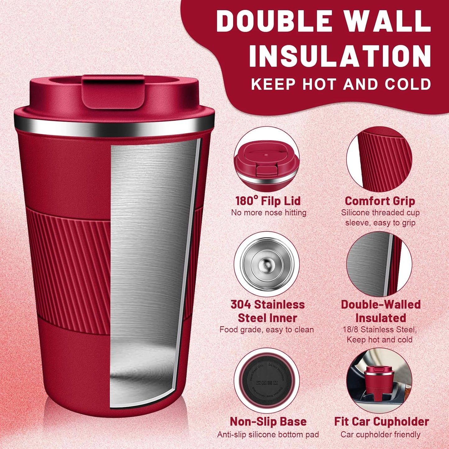 Insulated Coffee Tumblers with Flip Lid 12oz / 17oz, Stainless Steel Travel Coffee Mug Leak Proof, Vacuum Insulated Reusable Cup, Keeps Cold and Hot for Tea