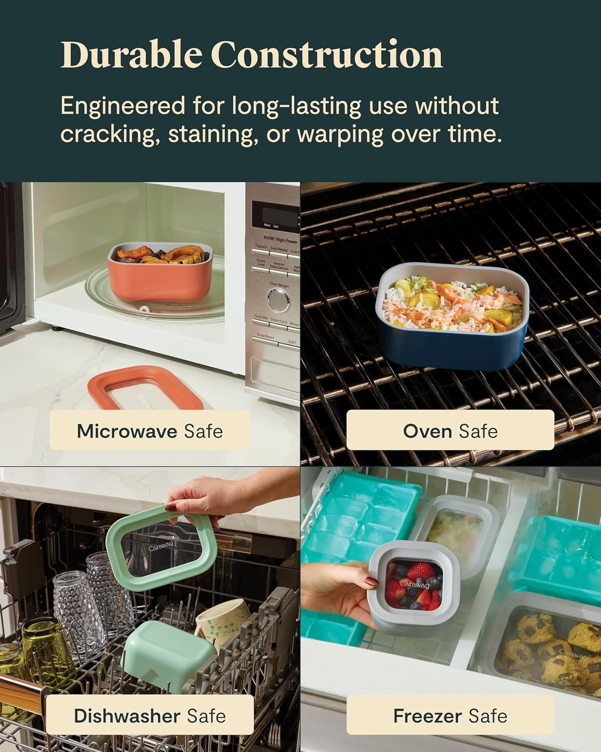 Caraway 6pc Food Storage Container Set - 1.75 Cup Glass Storage Container for Food (6) - Non-Toxic Ceramic-Coated Glass - Air Release Technology - Compact & Stackable Design - Gray