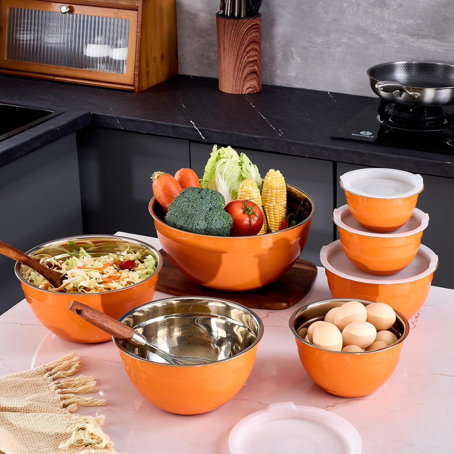 Orange Mixing Bowls With Airtight Lids,Stainless Steel Bowl,Salad Bowls 7 Piece Colorful Nesting Bowl Orange Kitchen Accessories,Size 7,3.6,2.7,2.1,1.5,1.1,0.8QT Stackable Design