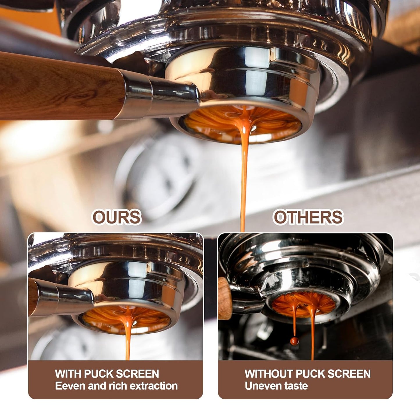 58 mm Bottomless Portafilter with Puck Screen 2 Ears Espresso Portafilter Compatible with E61 Group Head Espresso Machines,Flair 58,ECM,Rocket,Sanremo,Stainless Steel and Rosewood Handle