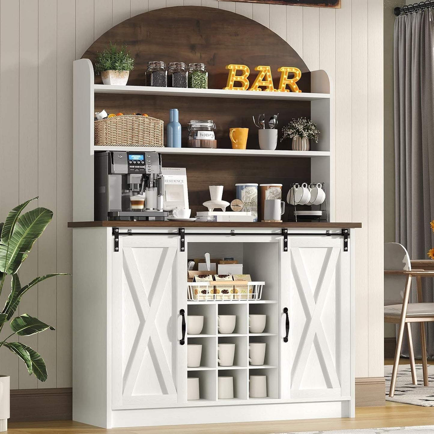 4 EVER WINNER Farmhouse Coffee Bar with 3-Tier Storage, 67” Coffee Bar Cabinet with Sliding Barn Doors, Hutch Cabinet with Storage & 9 Wine Racks, White