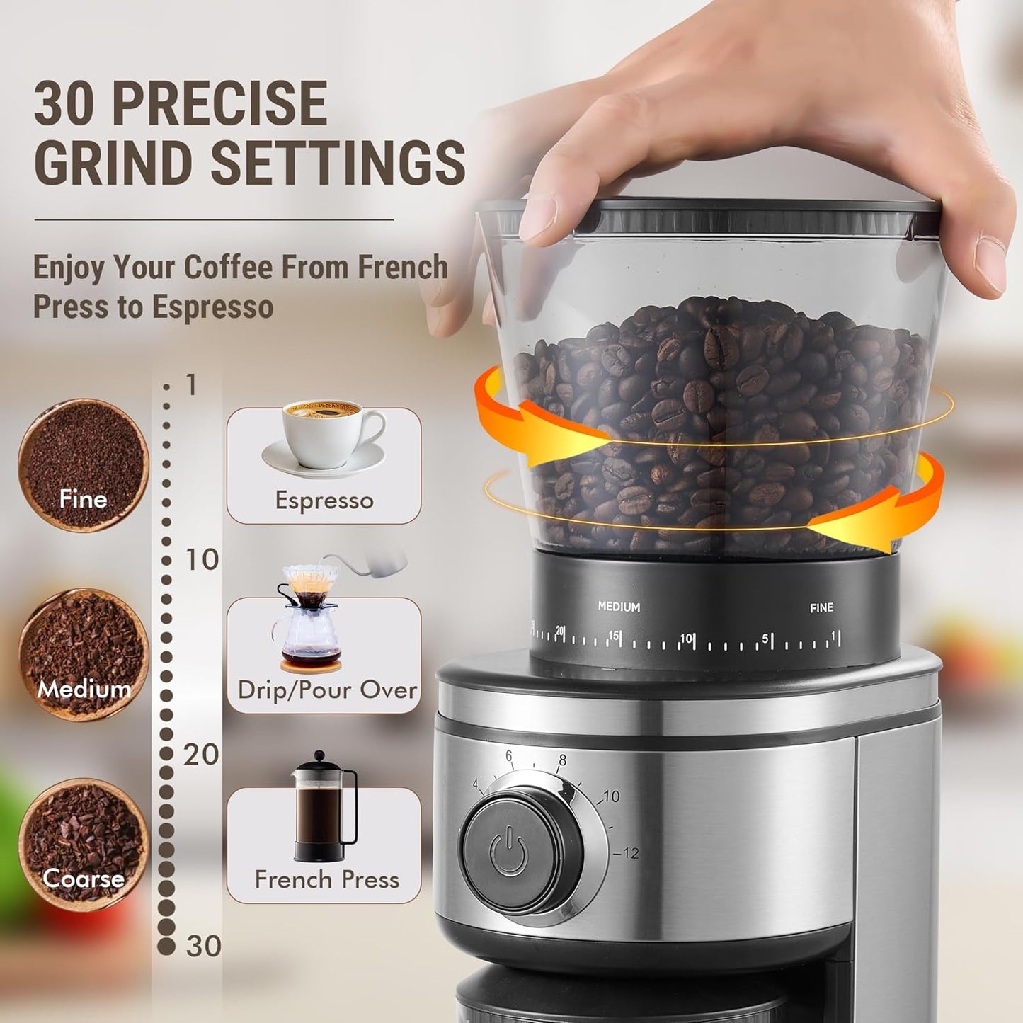 Coffee Grinder, Electric Conical Burr Grinder with 30 Grind Settings for 2-12 Cups, Adjustable Burr Mill for Home Use